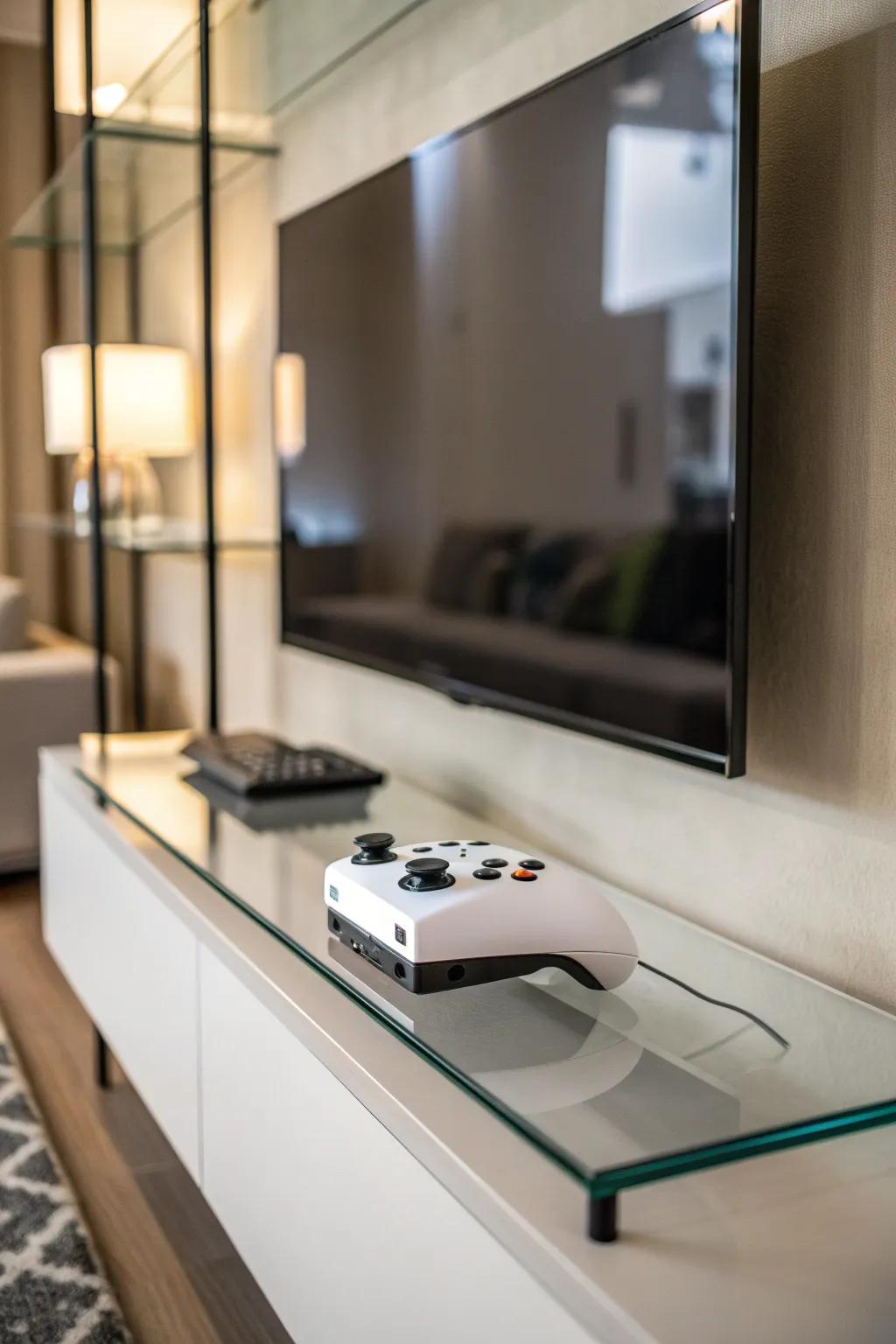 Elevate your gaming setup with the elegance of floating glass shelves.