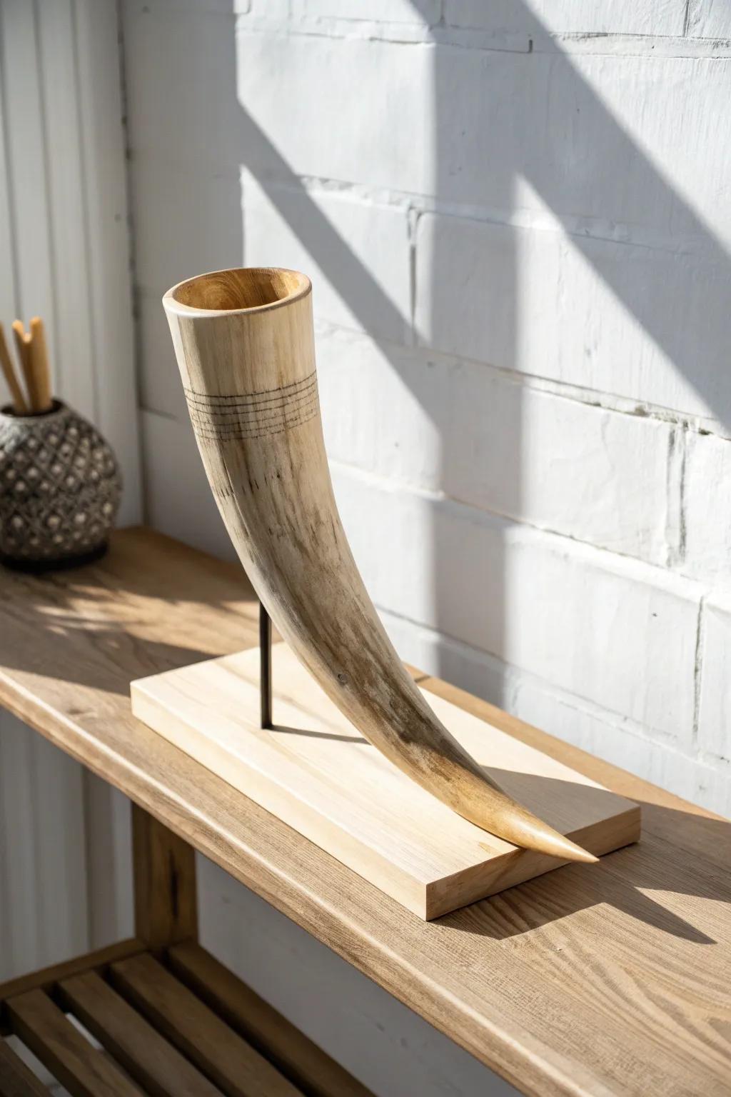 A minimalist wooden stand turns a single drinking horn into calm, modern Viking decor.