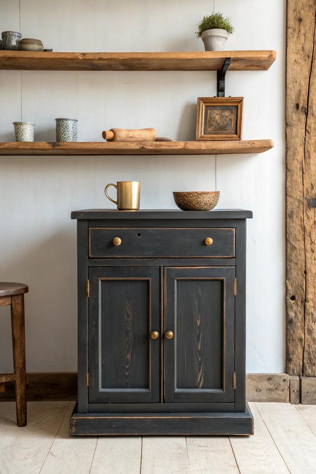Moody charcoal cabinet + light oak shelves—vintage coffee bar contrast with warm brass charm.