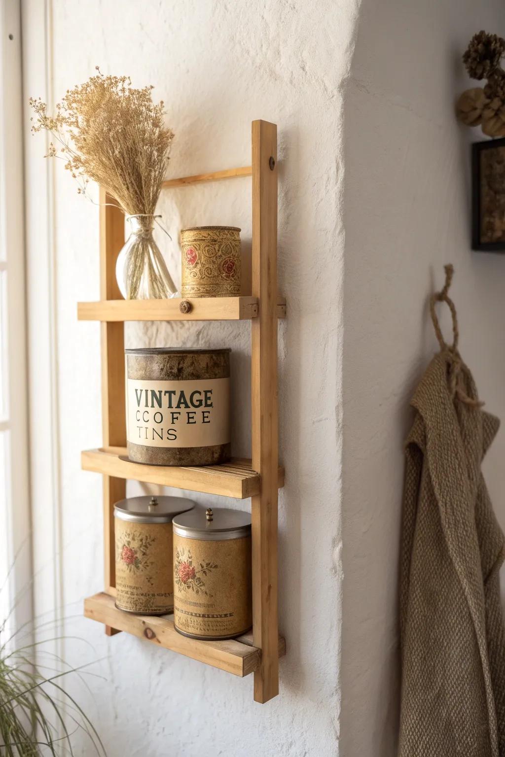 Vintage coffee tins on a handmade oak wall rack—practical storage with timeless patina.