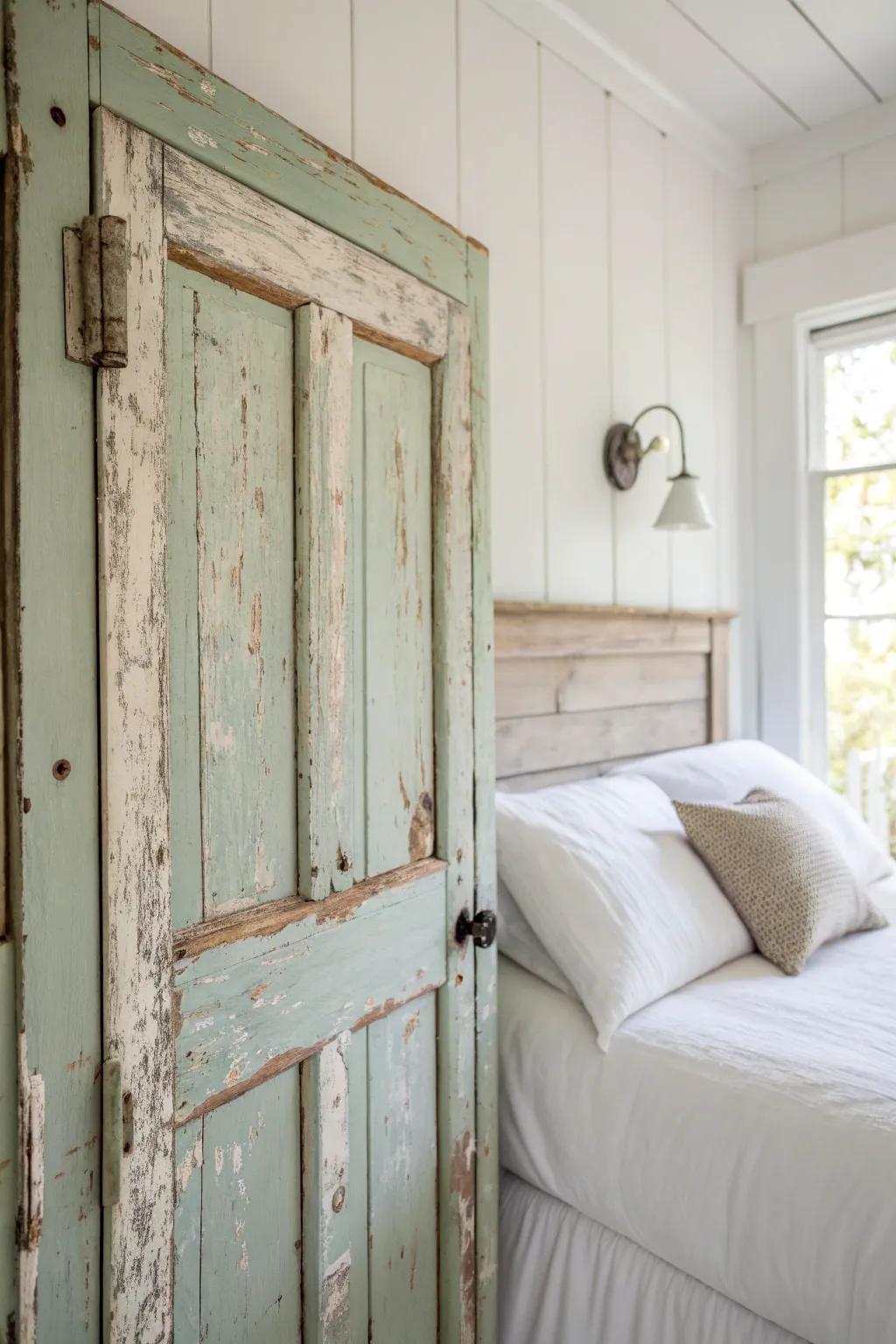 A salvaged door headboard adds instant vintage cottage charm with beautiful, timeworn patina.