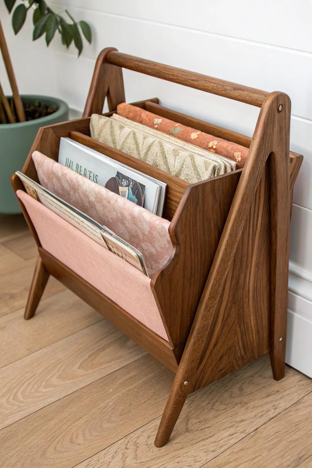 A vintage wooden magazine rack keeps sewing patterns and folded fabrics visible and beautifully tidy.