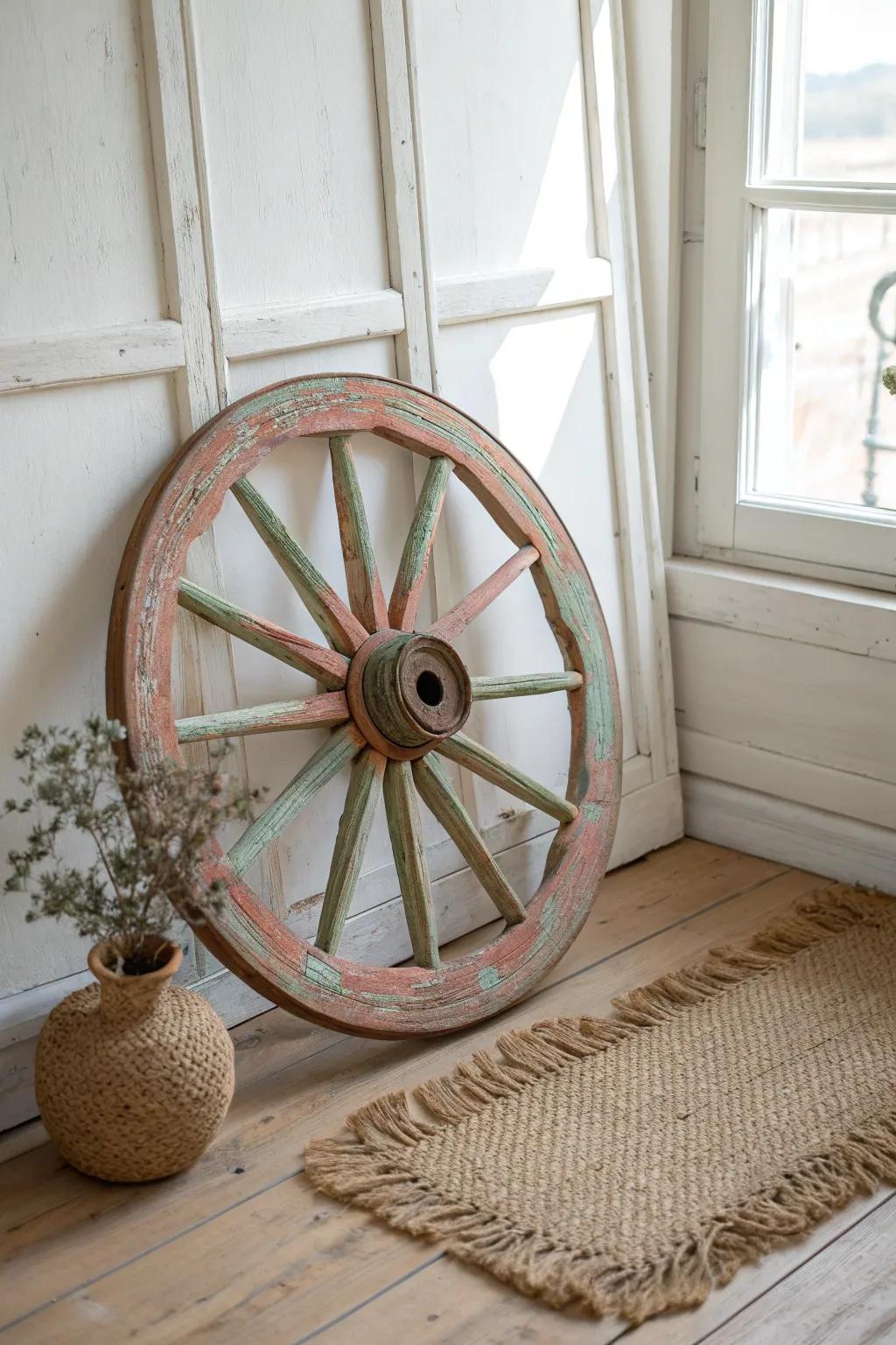 Dry-brushed folk mandala on a vintage wagon wheel—soft boho charm with rustic texture.
