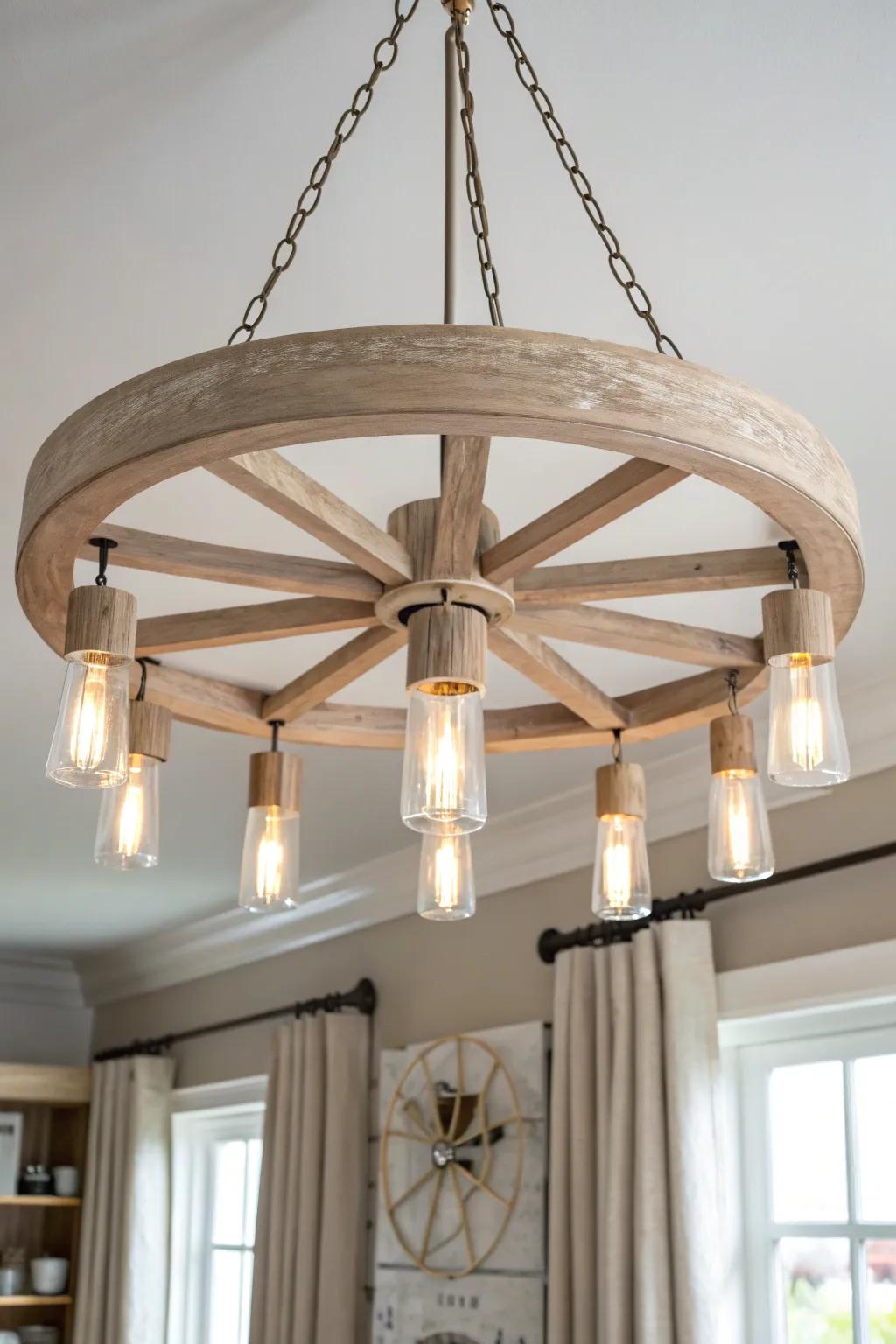 Rustic wagon wheel charm, refined with clean glass cone shades for a polished farmhouse glow.