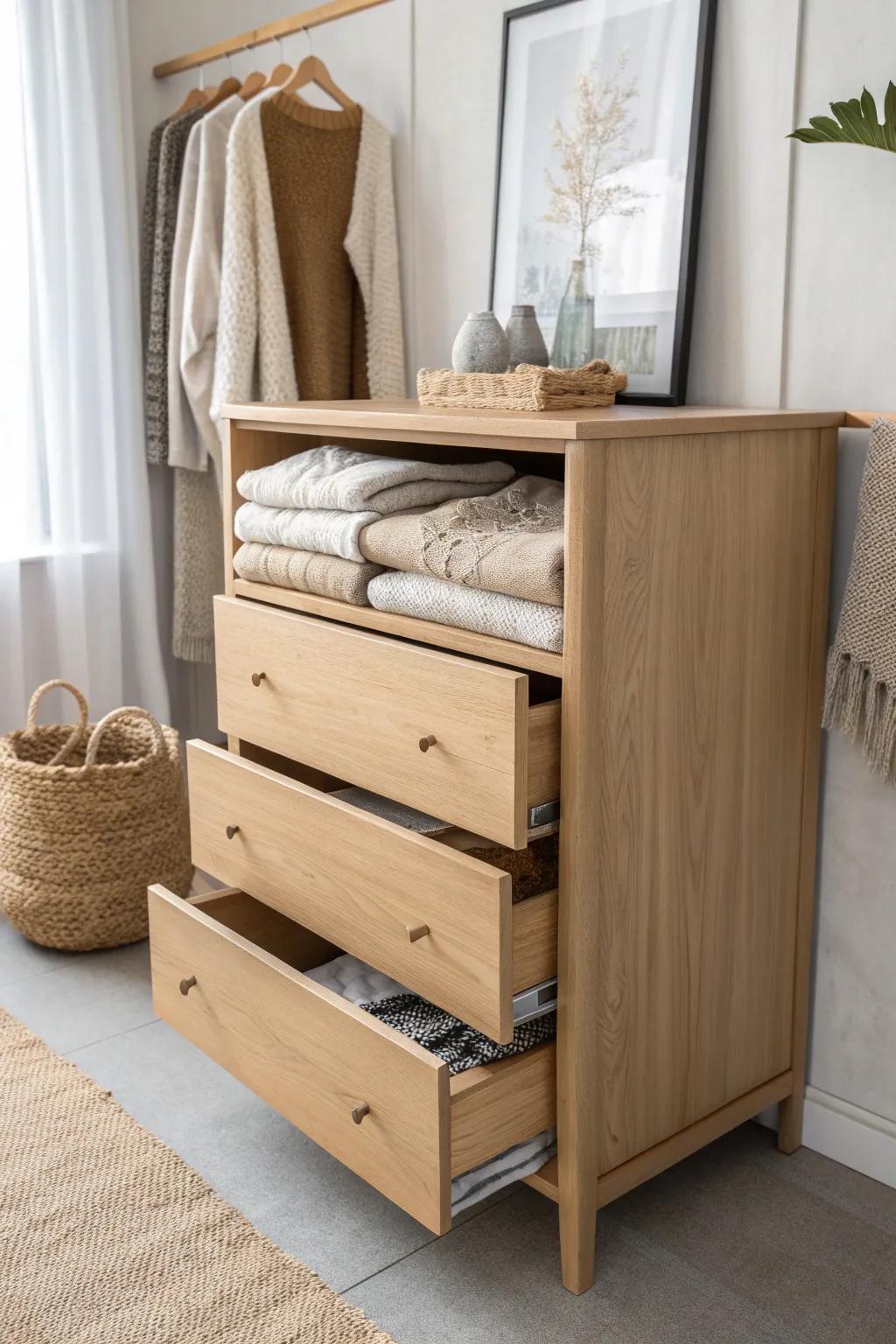 Extra-deep dresser drawers keep chunky sweaters tidy, calm, and beautifully within reach.