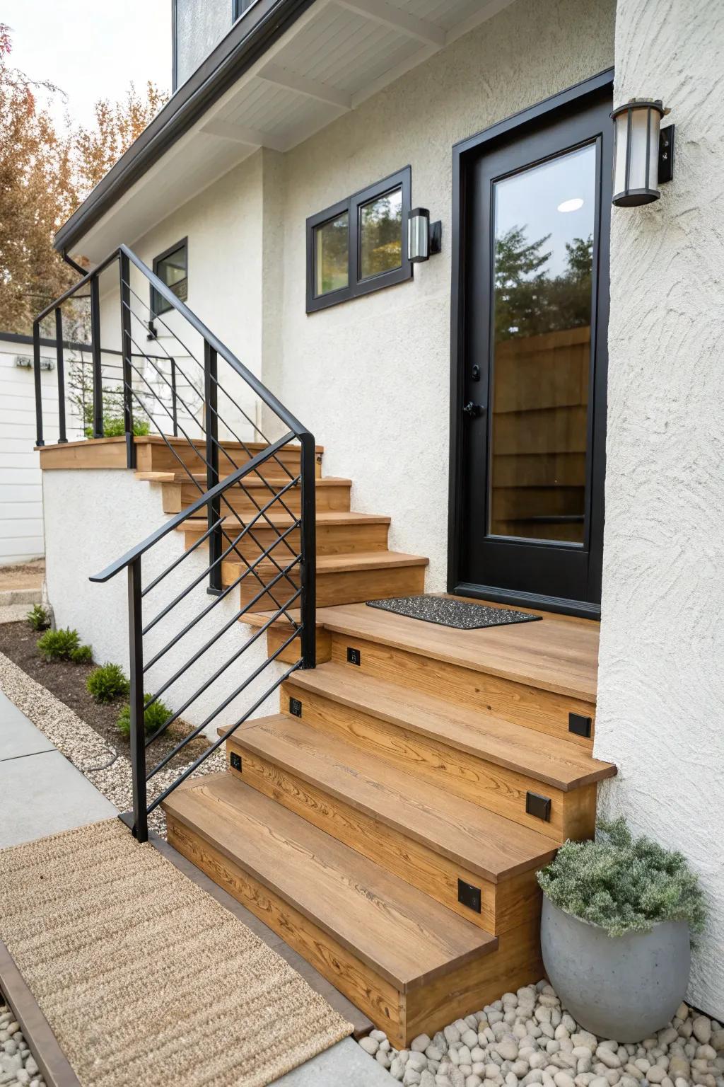 Warm wood steps + simple black railings for a crisp, modern walkout basement entry