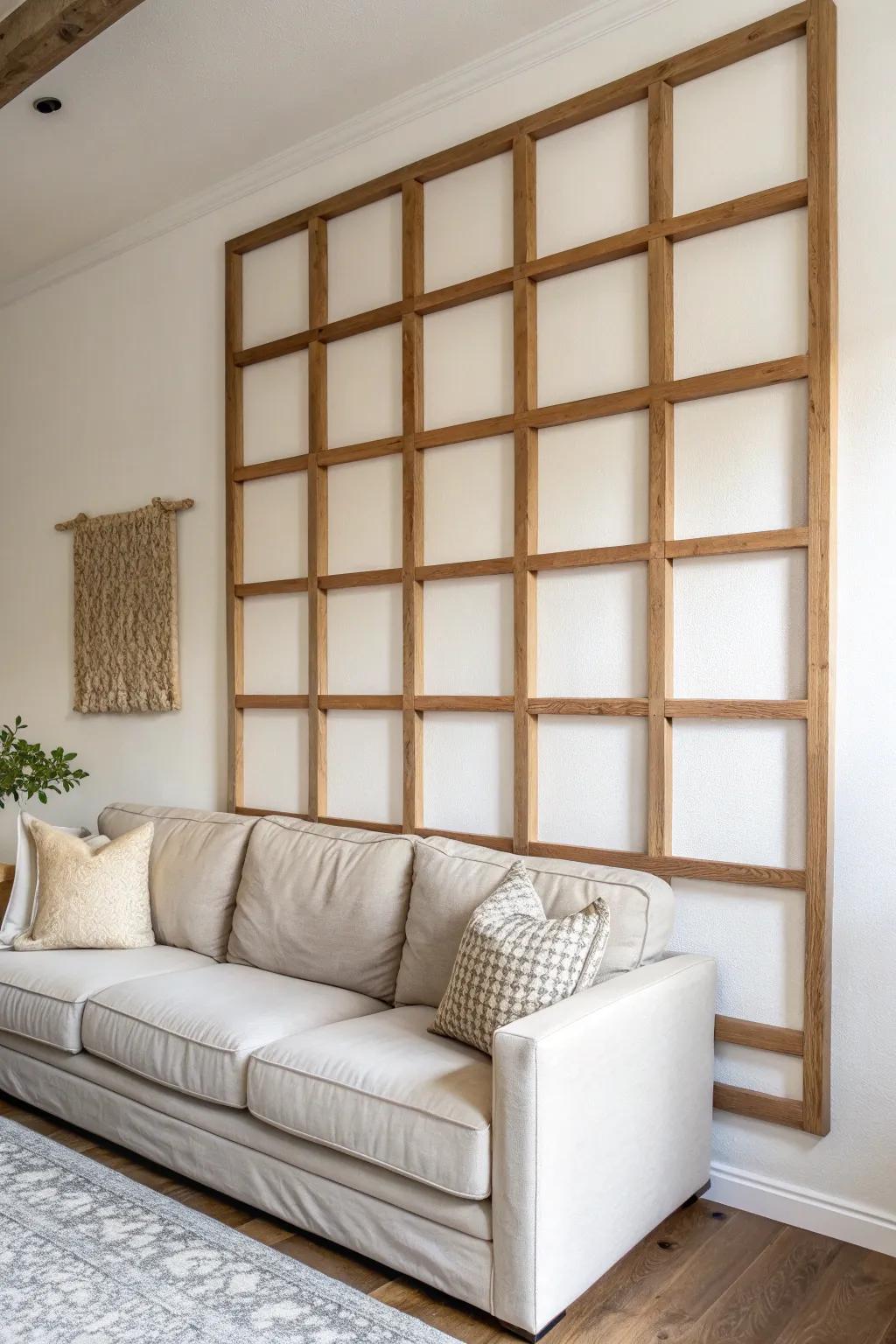 Warm oak wall beam grid creates luxe paneling vibes—minimal, handmade, and cozy.