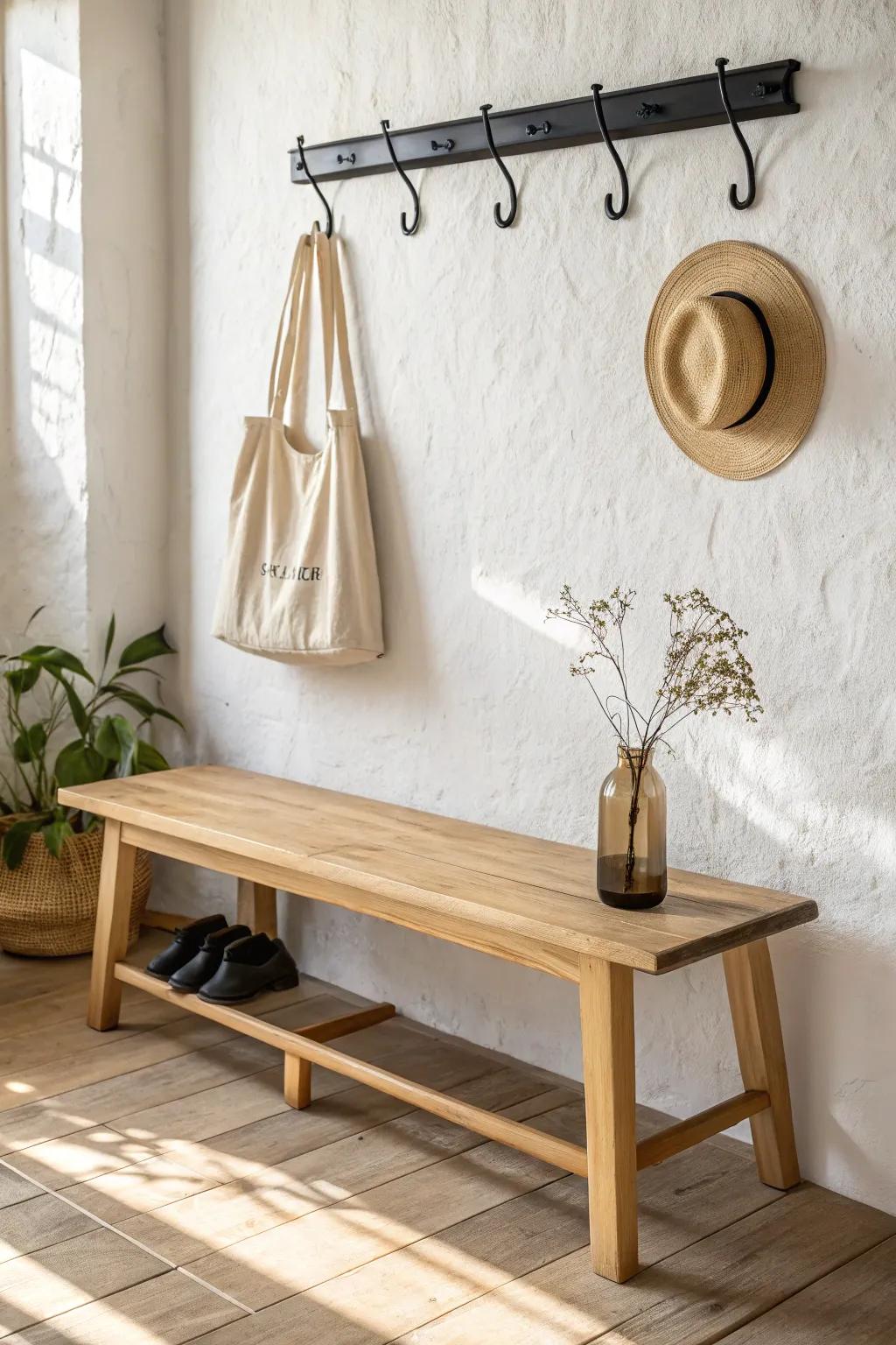 A slim wall bench with a rail and hooks keeps coats and bags tidy—perfect for small entryways.