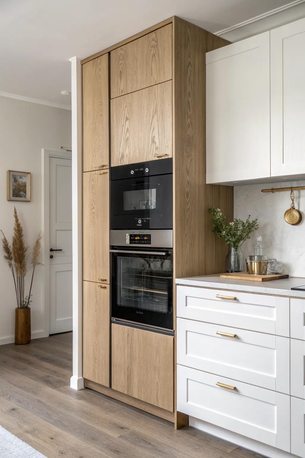 Two-tone wall oven cabinet: painted lowers + warm oak tower for a stunning focal point.