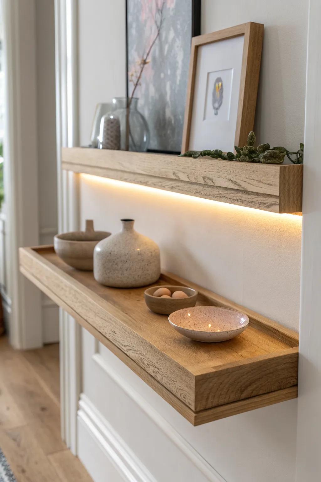 Motion-sensor oak entry shelf lighting for a warm, hands-free welcome—no harsh overhead glare.