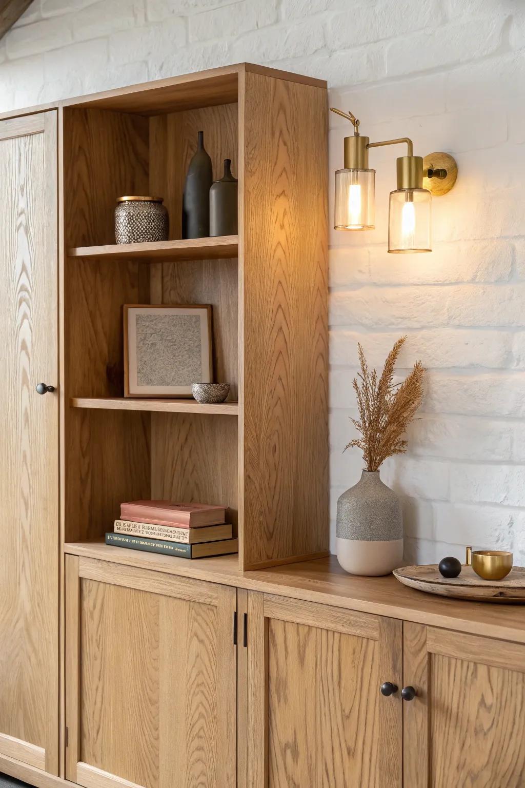 Cozy matching sconces add a warm glow, highlighting the wood grain of your wall unit decor.