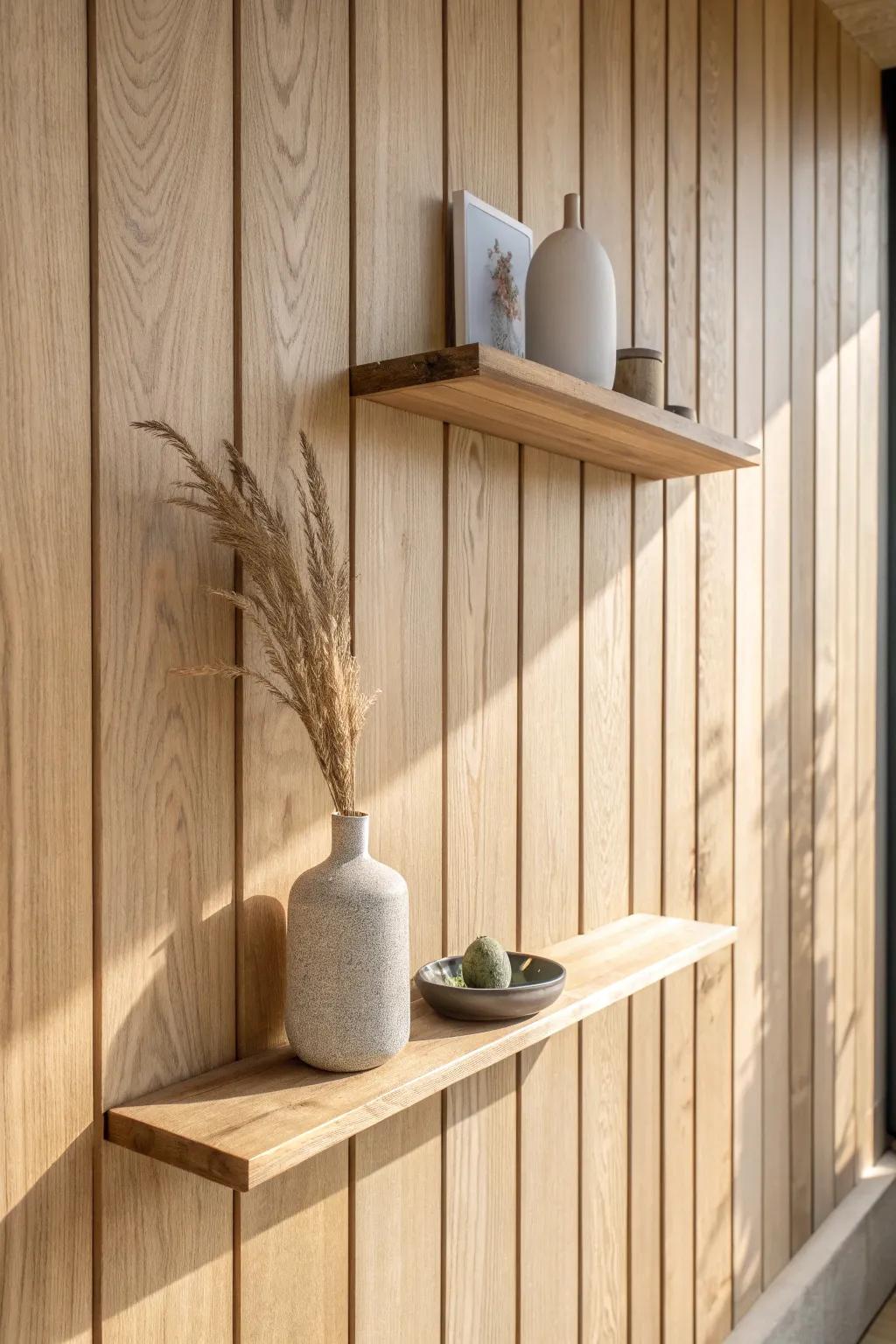 Built-in floating shelf that follows the panel rhythm—minimal, warm, and beautifully seamless.