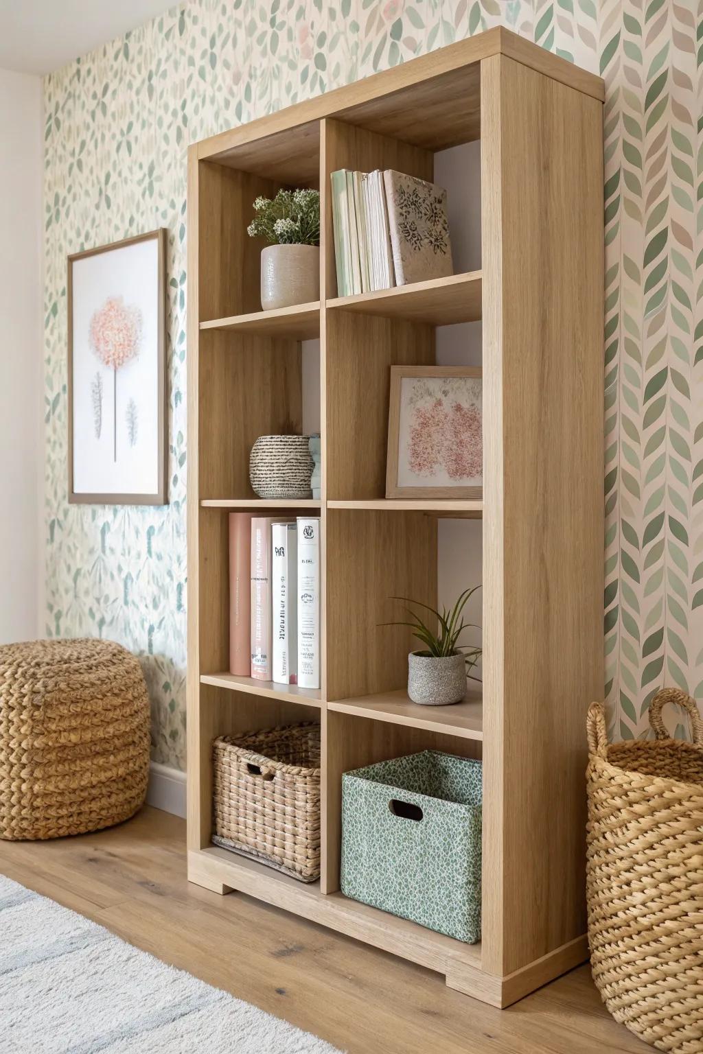 Make cube shelves feel curated: mix coordinating wallpaper panels, one playful pattern per cubby.