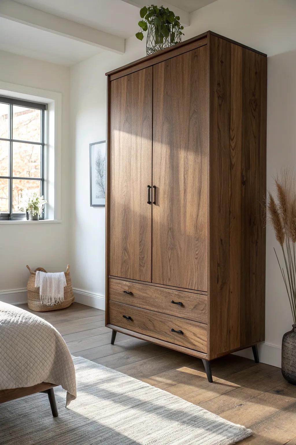 A tall walnut armoire that turns your bedroom into a curated, minimalist dressing space.
