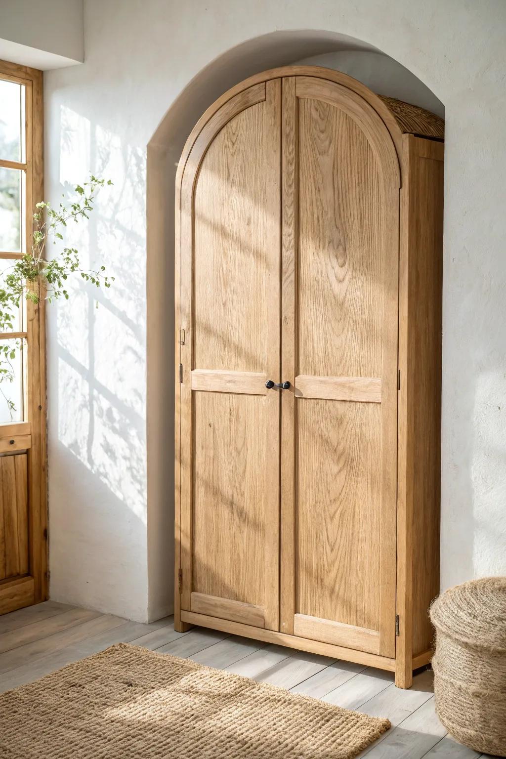 An arched wardrobe door in warm oak softens the room—mock it up in cardboard first.
