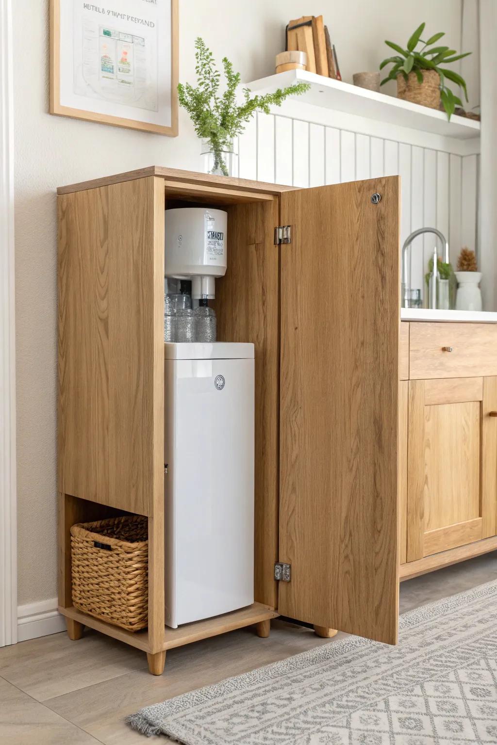 Turn a wasted kitchen corner into a sleek, slide-out water dispenser cabinet with angled access.