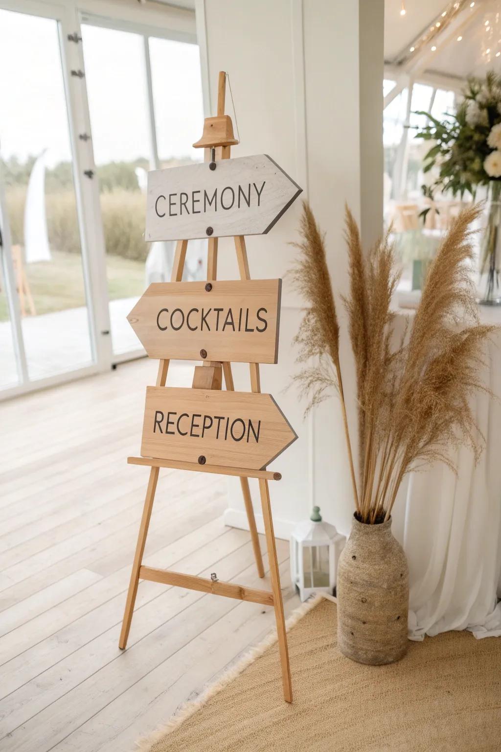 Minimal oak easel with handcrafted arrow signs—clear directions with a chic, airy look.