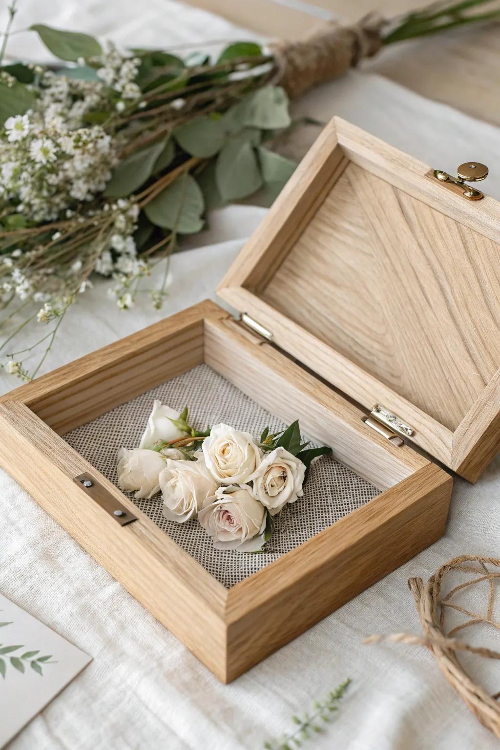 A minimalist oak tray box with mesh layer—perfect for drying and storing bouquet petals.