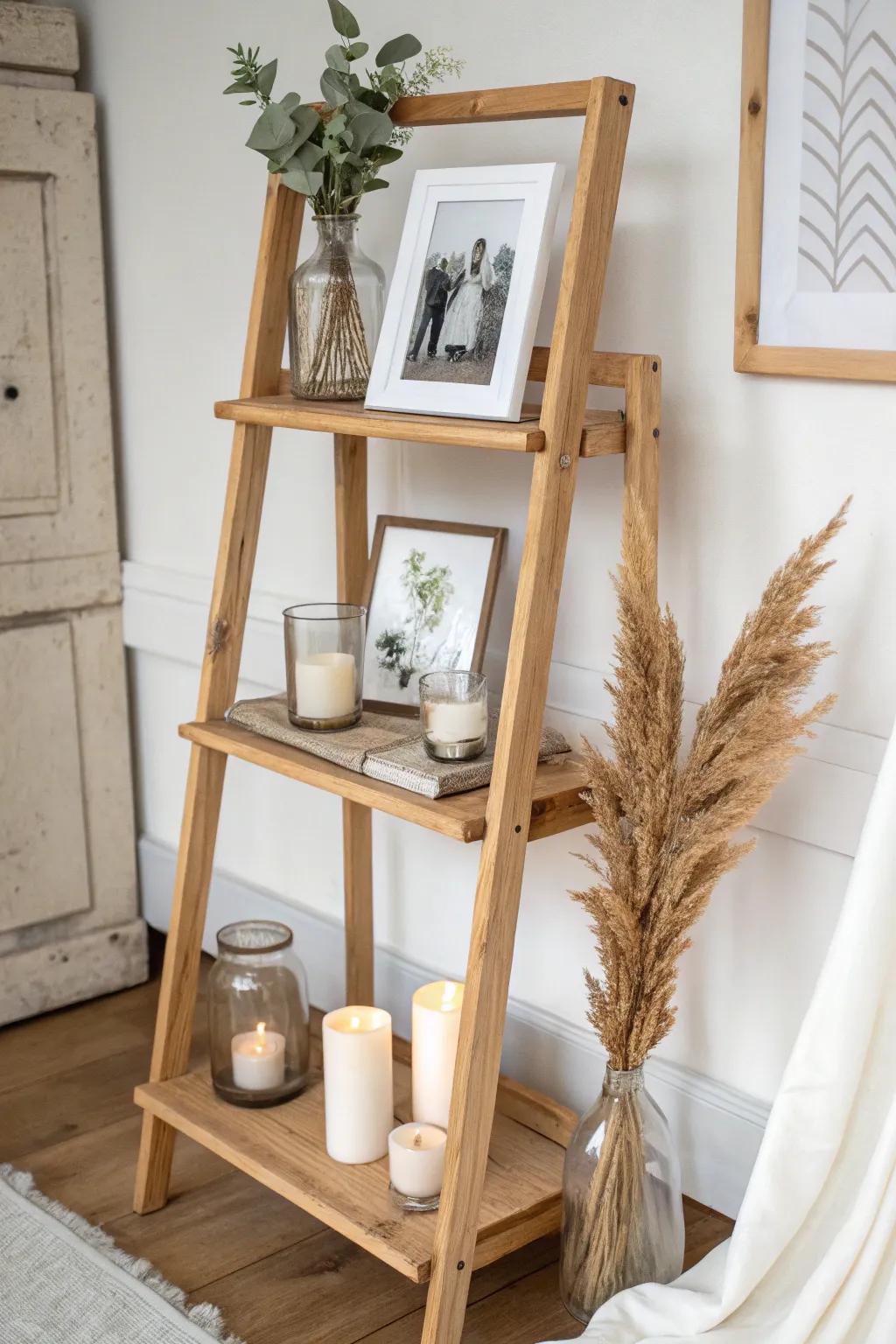 A leaning oak ladder shelf adds height, candle glow, and layered wedding photos to your table.