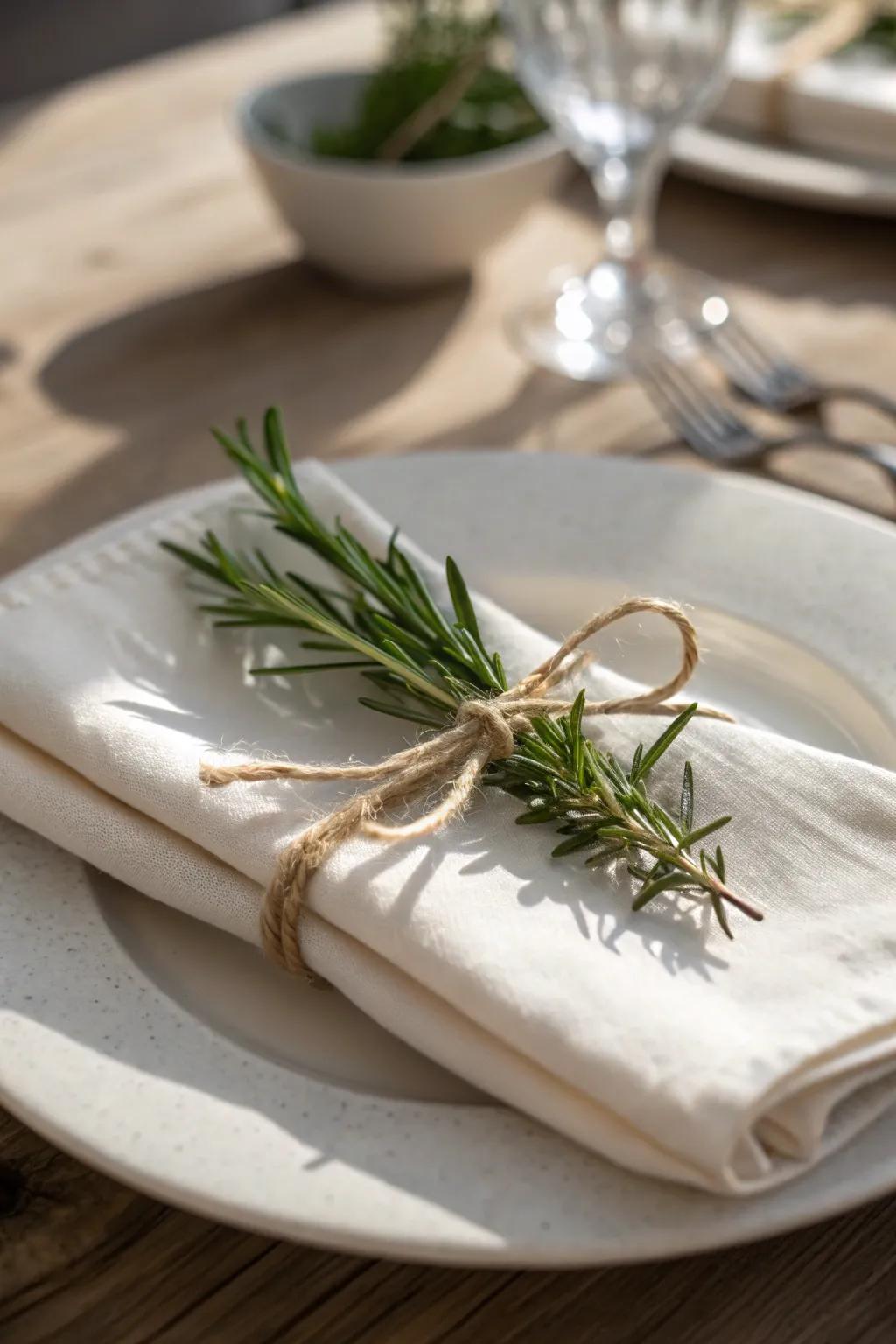 Fresh herb bundles tied with twine turn a simple napkin into a fragrant, handcrafted accent.