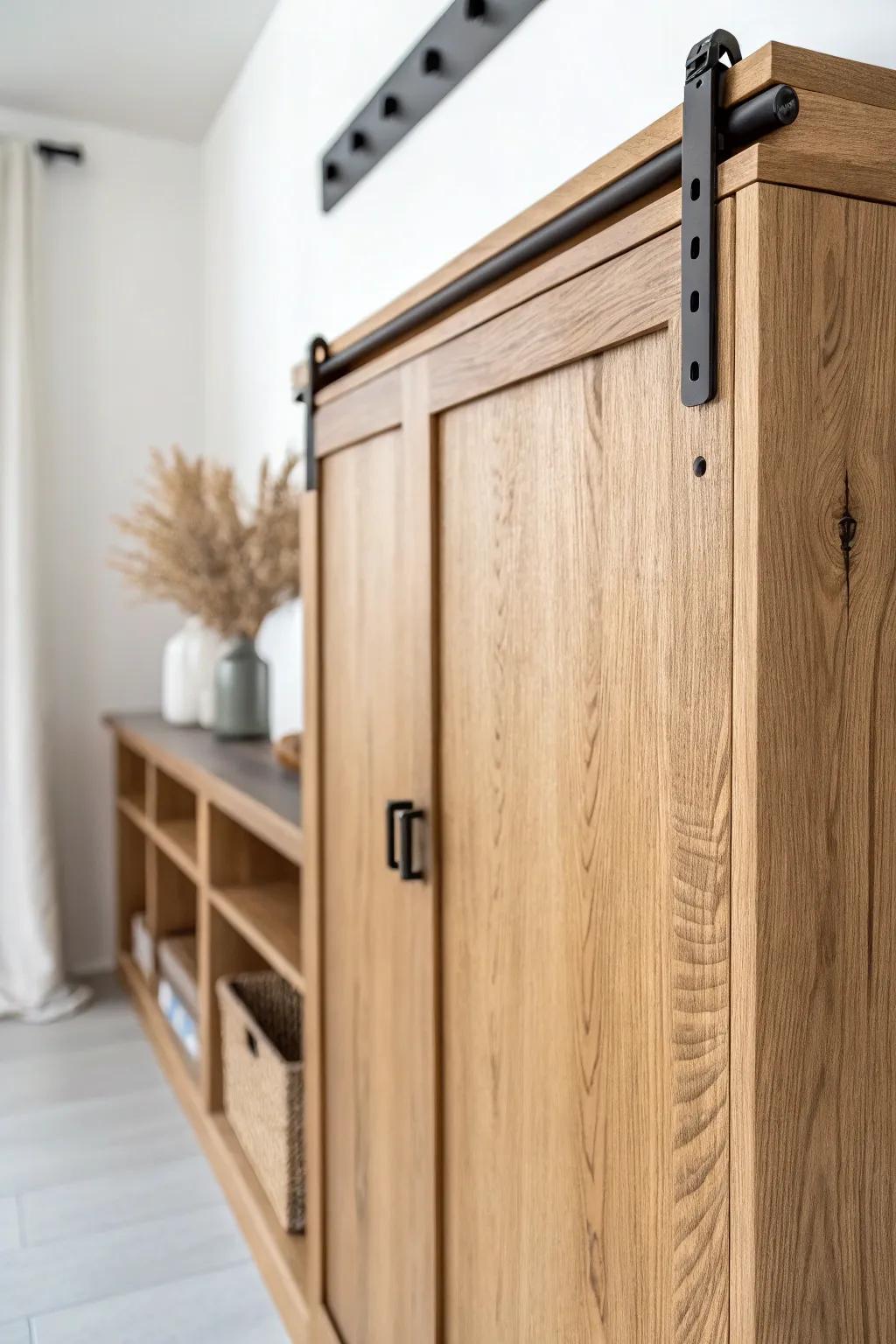 Mini sliding barn door cabinet front—an easy western accent with clean, crafted style.