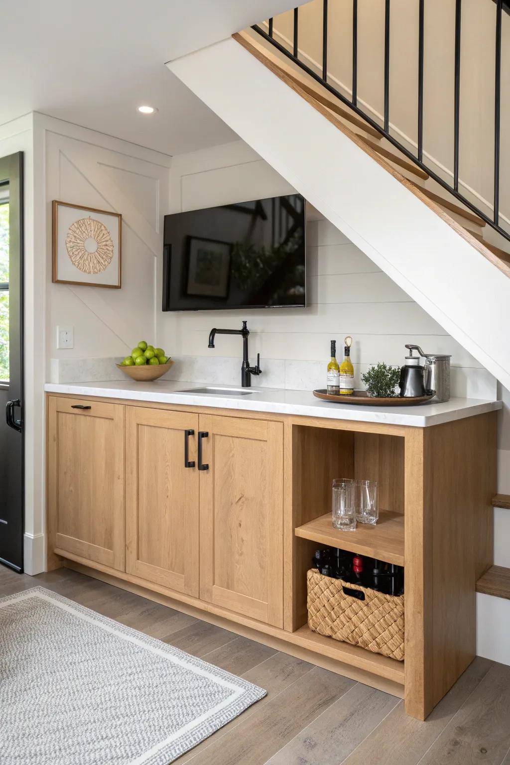 Under-stairs wet bar with a TV above—clean oak, quartz, and cozy contrast in one smart nook.