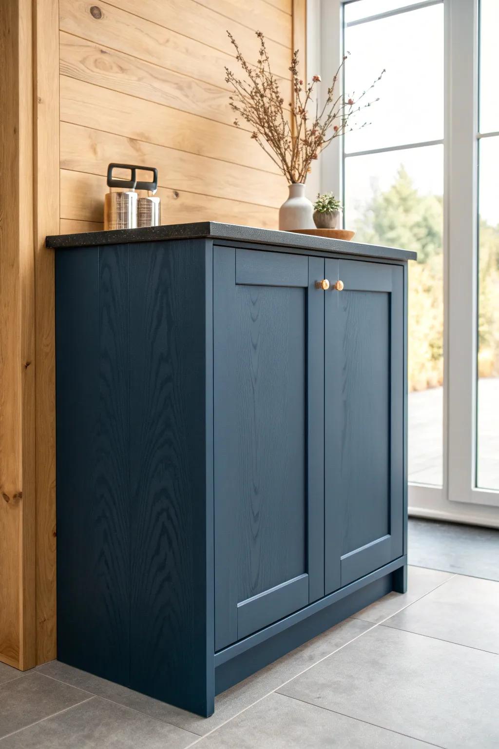 Navy cabinets + black granite: a timeless, grounded pairing with elegant contrast.