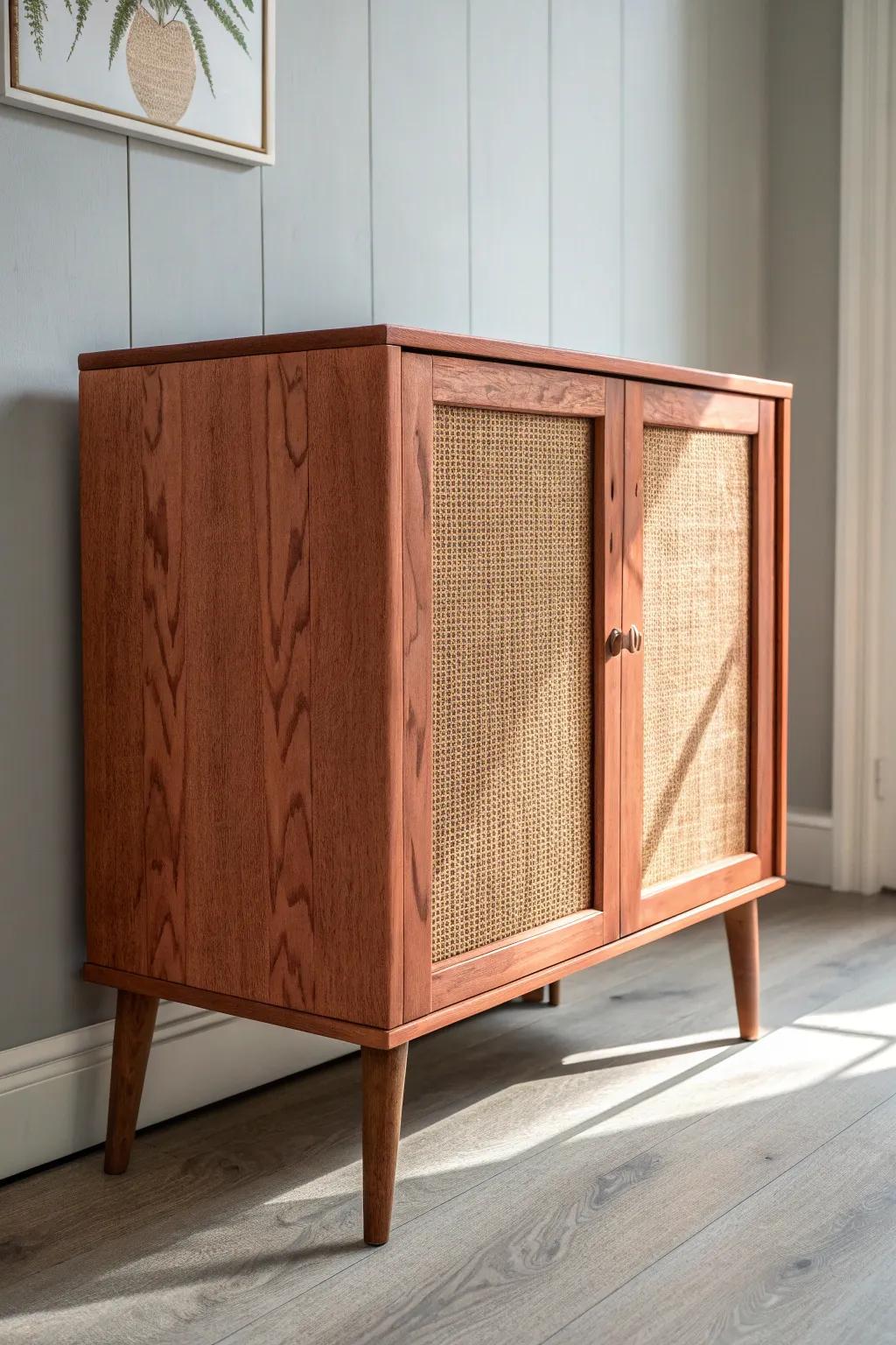 Rust-toned wood craftsmanship pops against gray floors—warm, modern, and beautifully balanced.