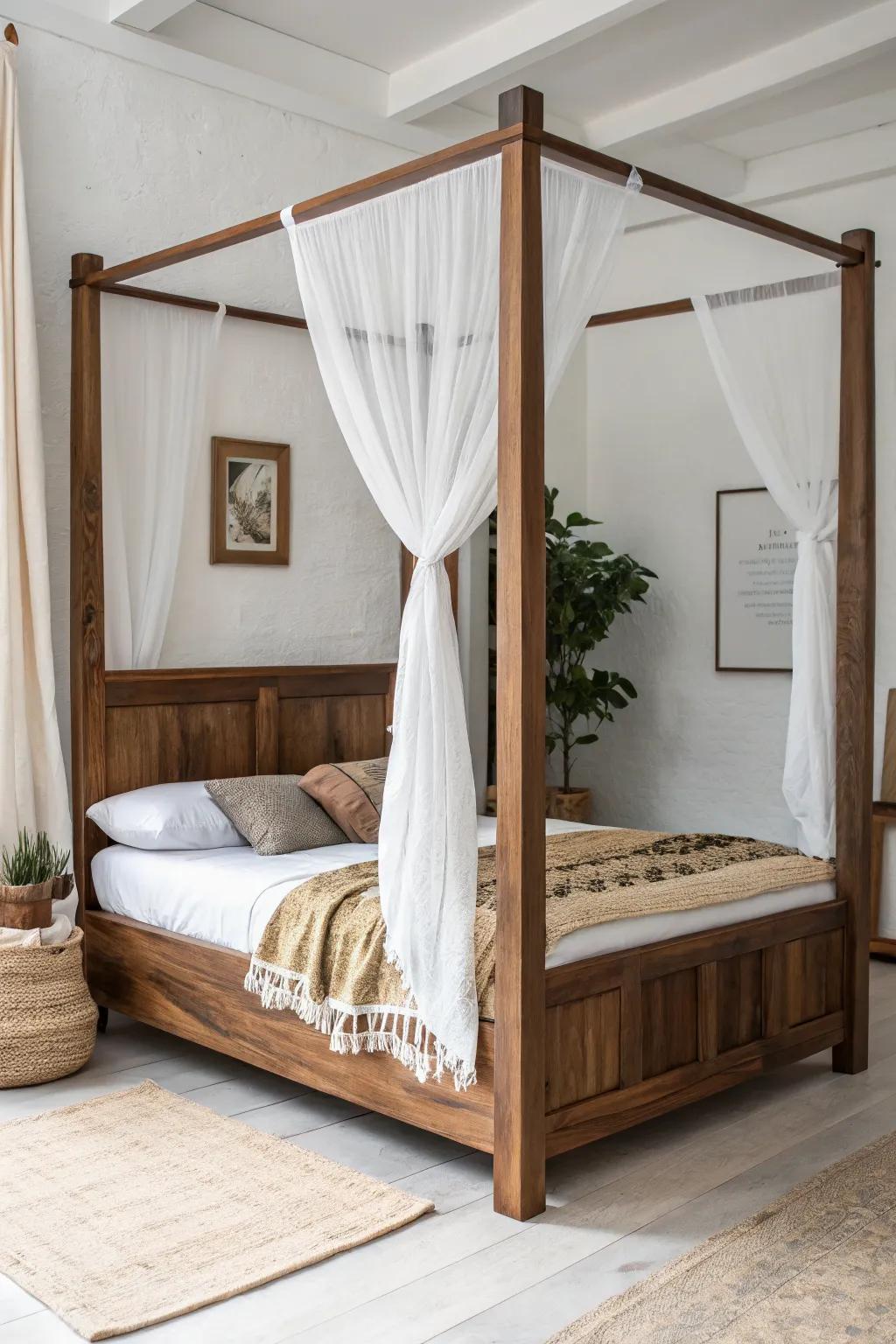 Airy white canopy + rich brown four-poster: minimalist Scandinavian calm with cozy retreat vibes.