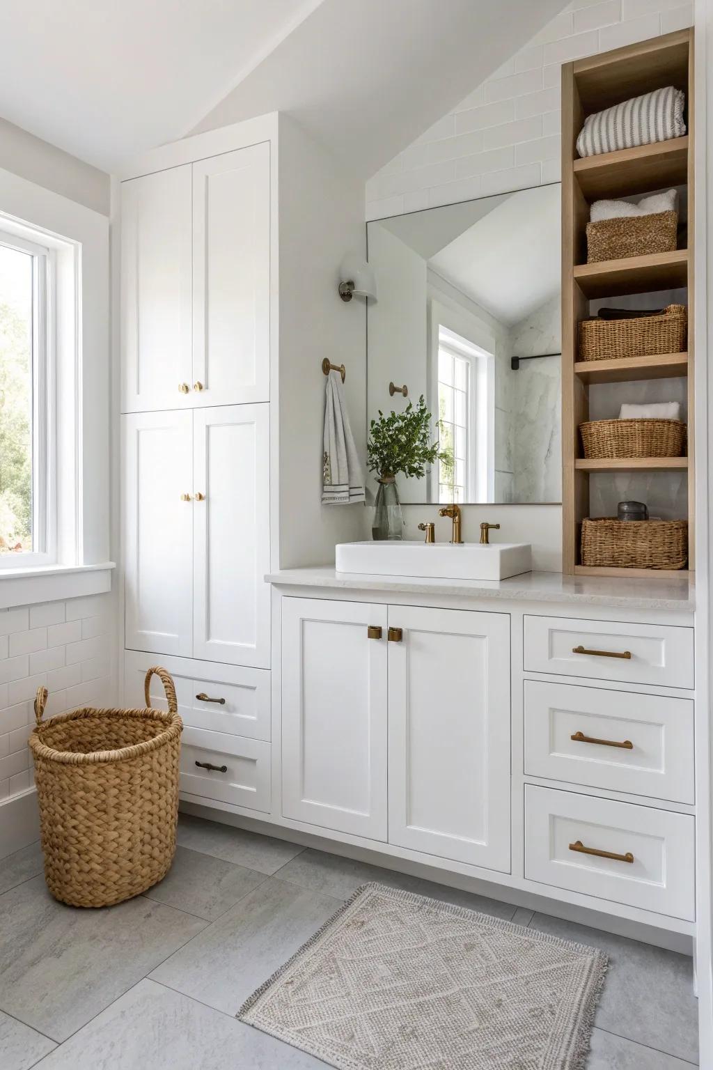 Wall-to-wall built-in white cabinets for a seamless, custom look—even in a small bathroom.