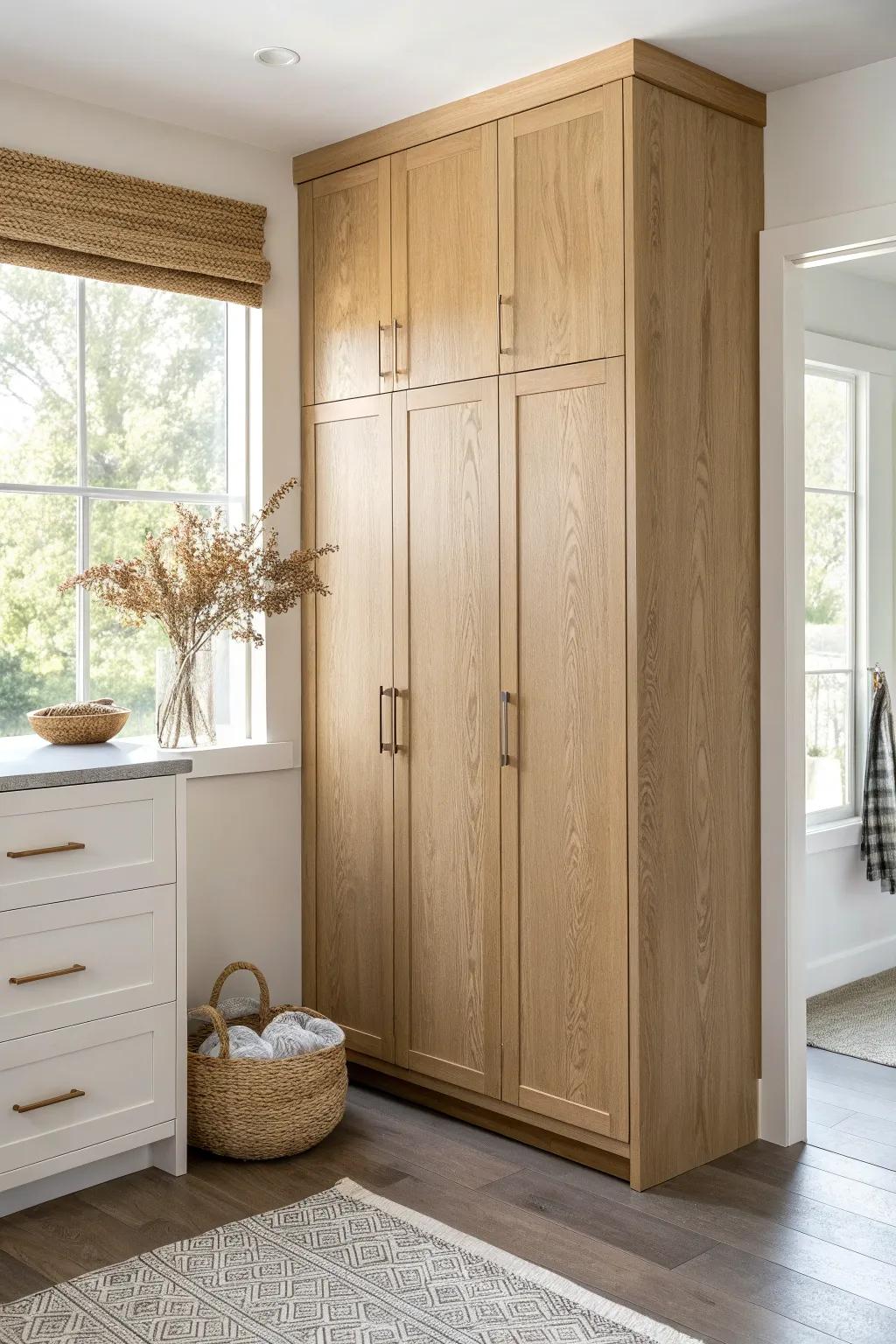 Ceiling-height white cabinets create a sleek built-in look and add smart vertical storage.