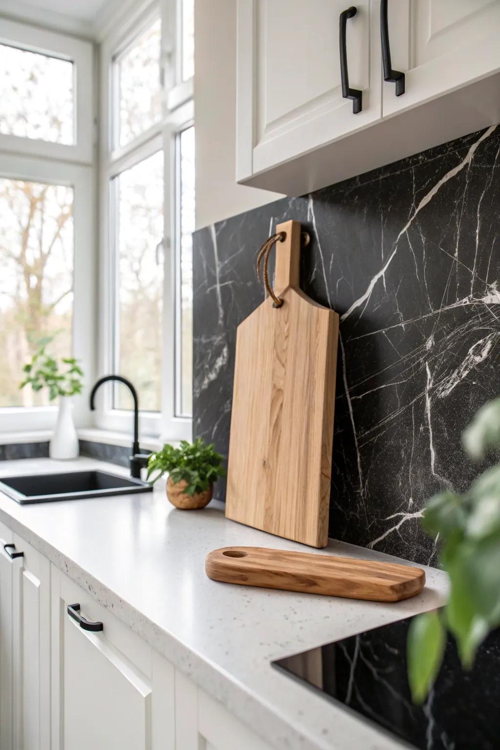 A bold black slab backsplash makes white cabinetry pop—grounded by a simple oak board.