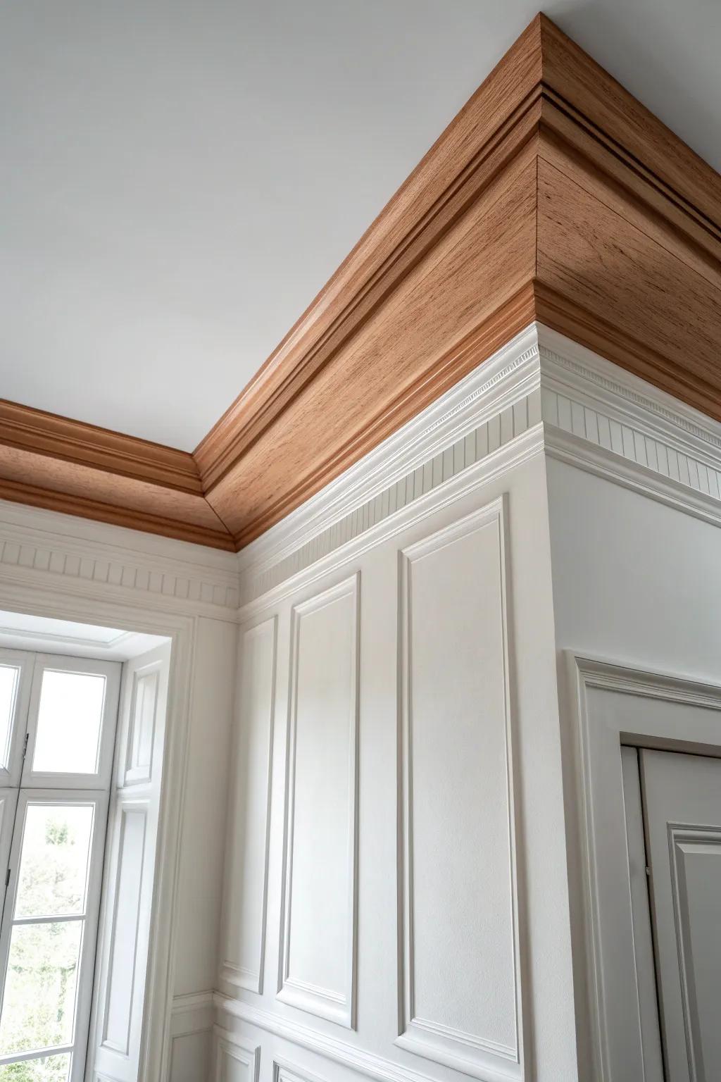 White walls, bold crown molding: a single color band that lifts the ceiling and adds craft.