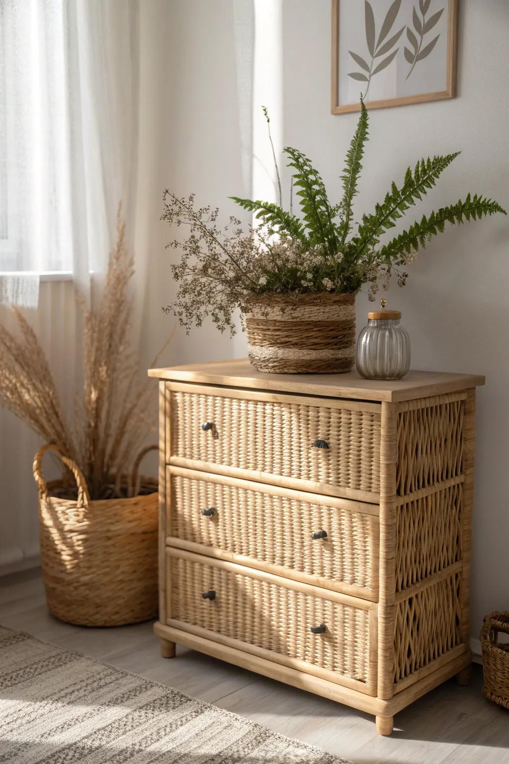 Embrace nature's touch with a simple potted fern and dried flowers, bringing life and serenity to your wicker dresser.