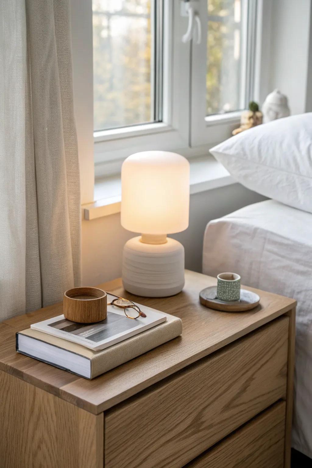 Turn your bedside window sill into a slim nightstand—lamp, book, and a jewelry dish.