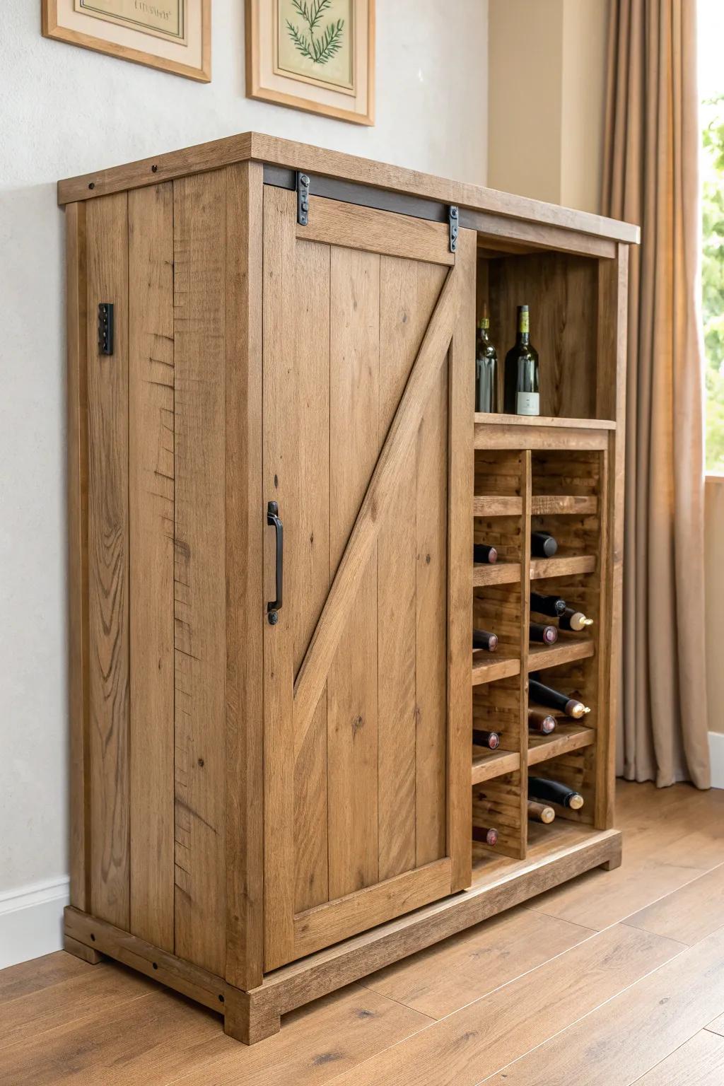 A reclaimed-wood sliding door adds cozy, clutter-hiding charm to a minimalist wine cabinet.