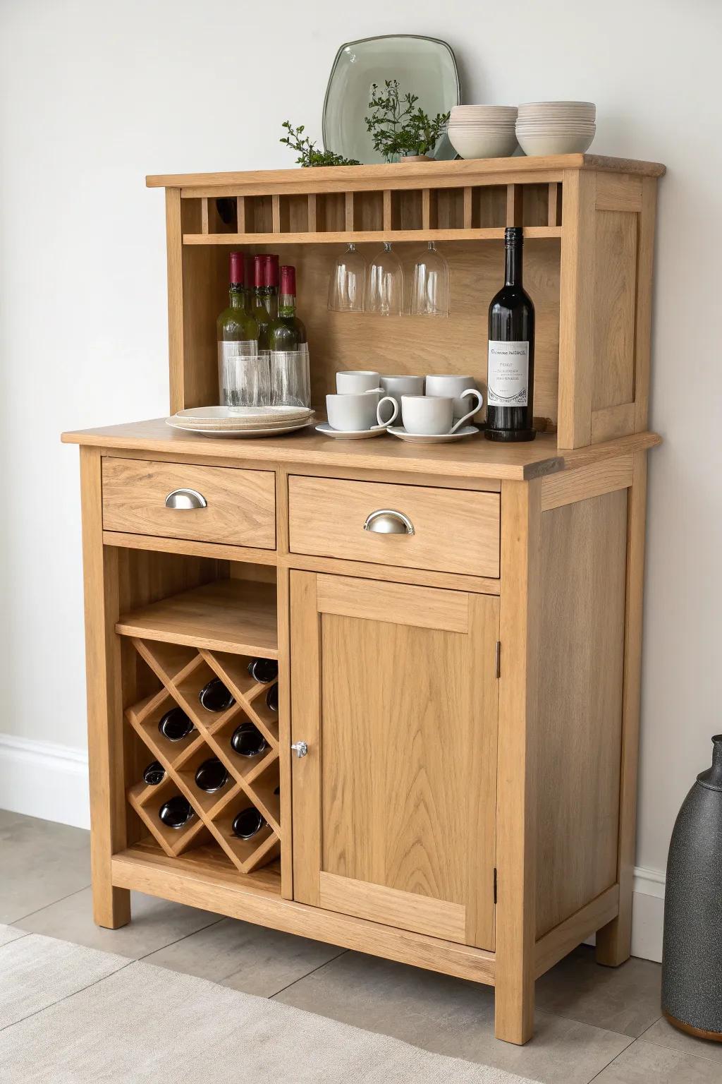 Minimal coffee bar + wine cabinet combo in light oak—calm zones for mornings and hosting.