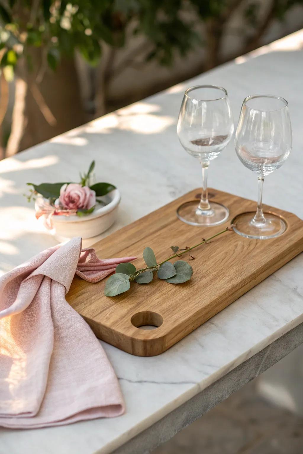 Handmade oak charcuterie board with wine-glass slots—patio-ready style, minimal and chic.