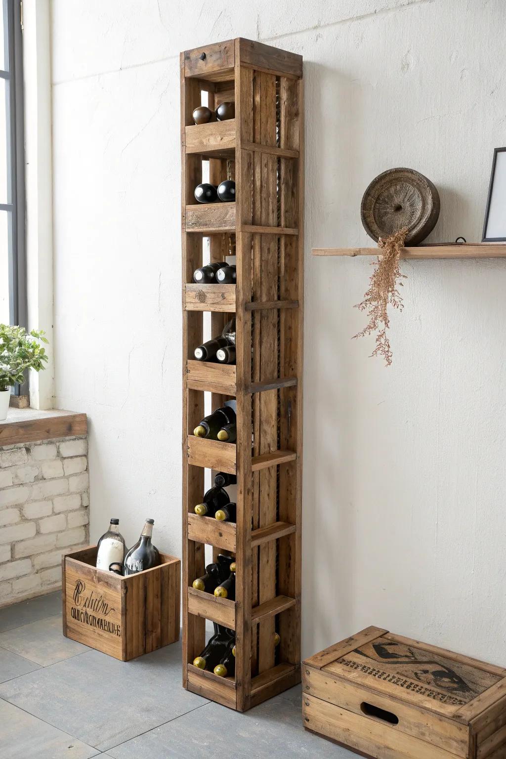 Stackable reclaimed wood crate wine rack—grow your wall storage with warm, charming patina.