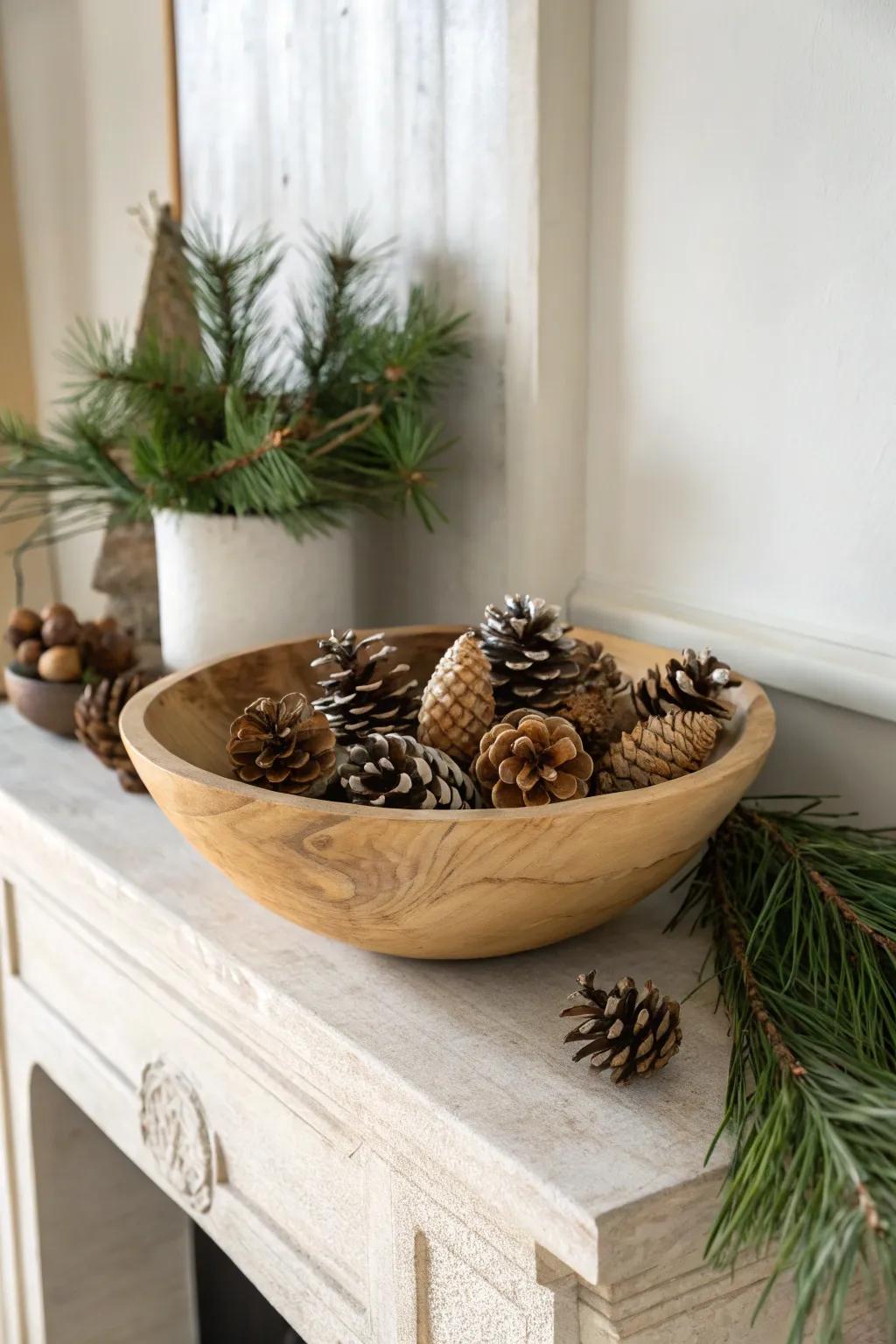 A carved wooden dough bowl filled with pinecones—simple, cozy winter mantel decor.