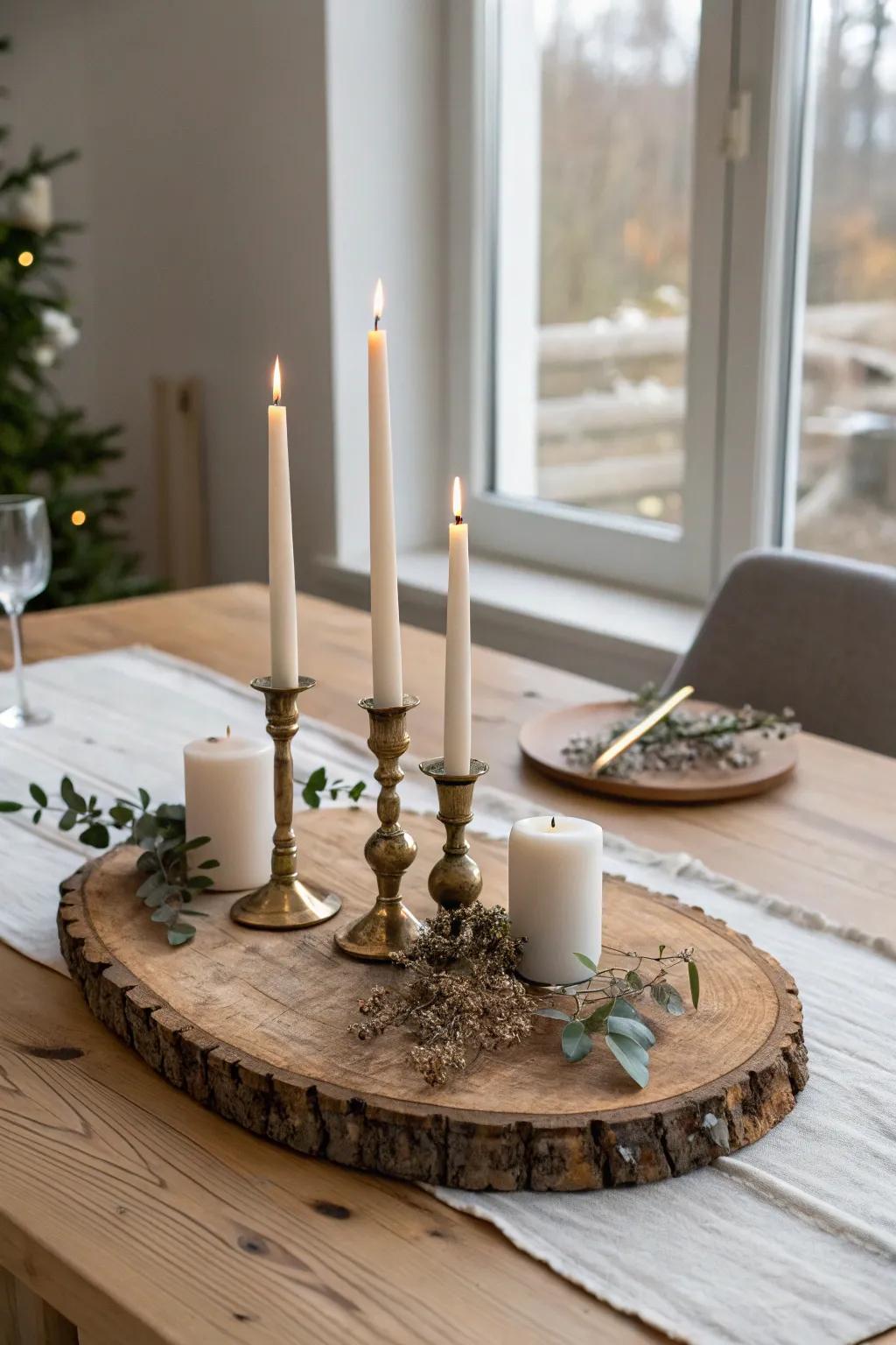 A cozy candlelight cluster on a live-edge wood slab—simple, warm, and effortlessly winter-ready.