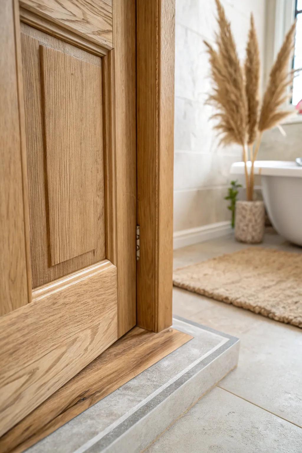 Warm oak door + honed stone threshold—an understated detail that makes the whole bath feel custom.