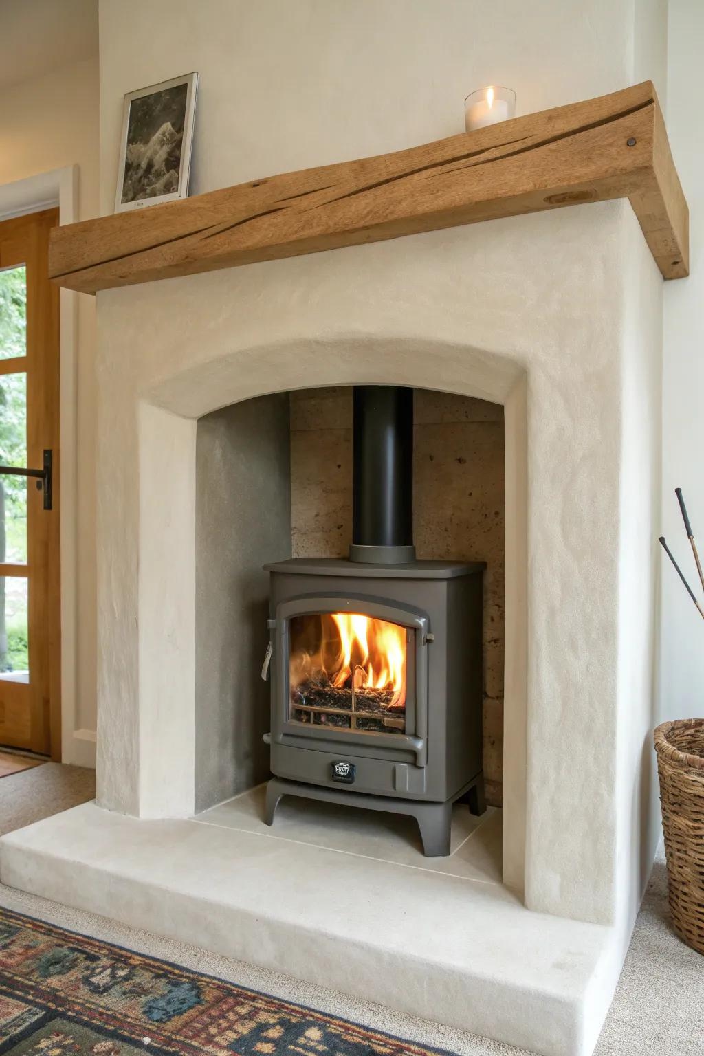 Smooth plaster surround + raw oak beam mantel for a cozy modern rustic stove moment.