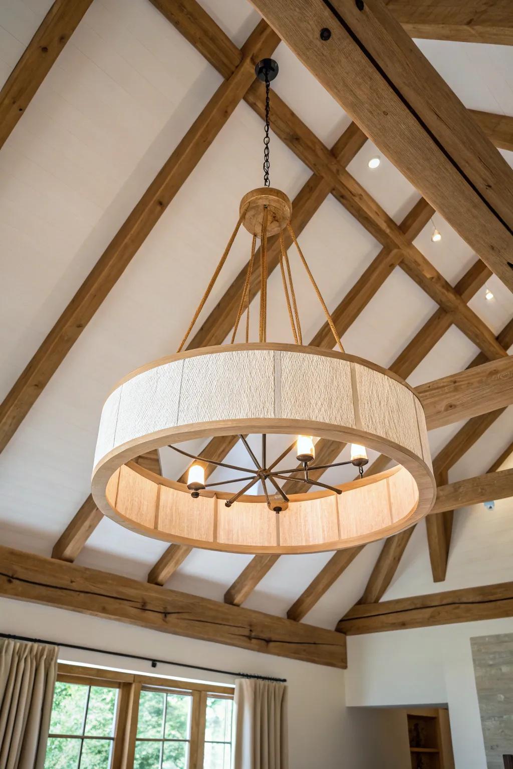 Hang a chandelier extra low under vaulted wood beams to make tall rooms feel cozy and centered.