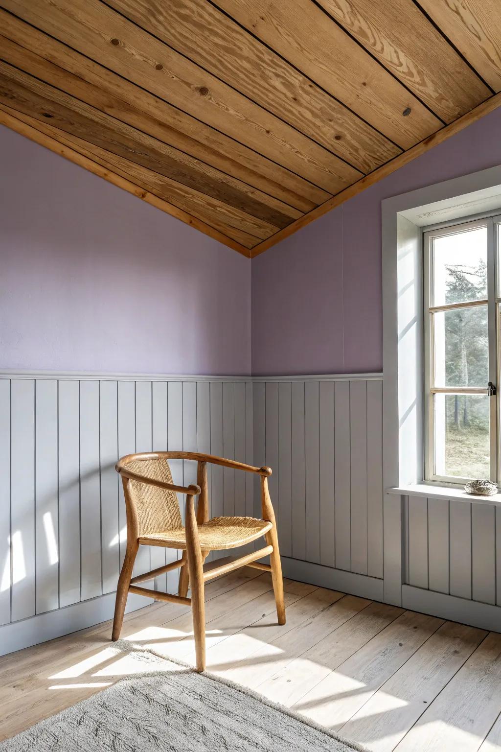 Smoky lavender walls make warm wood ceilings look modern—quiet wow, perfectly serene.