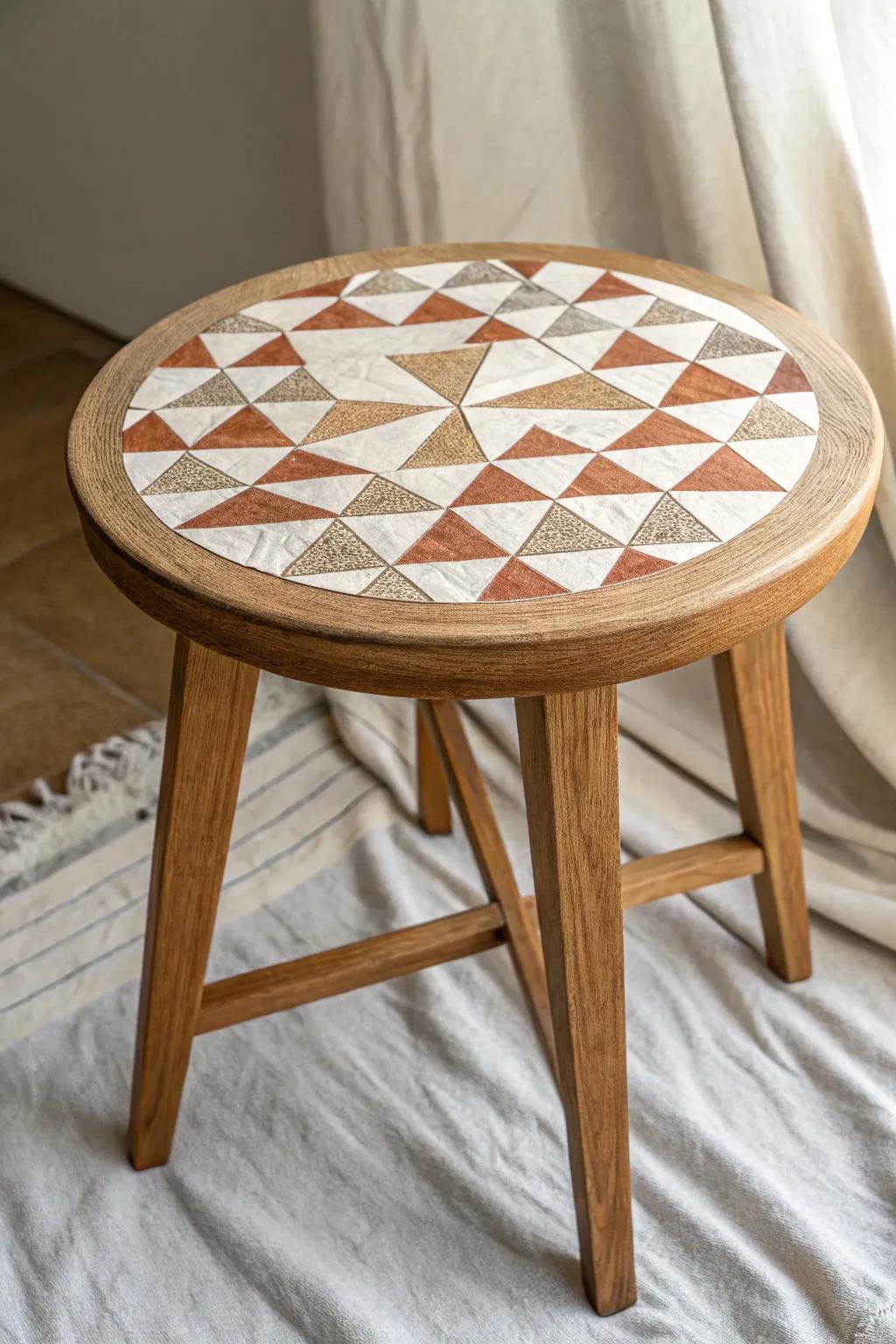 Faux inlay tabletop: crisp geometric decoupage that looks like real veneer at first glance.