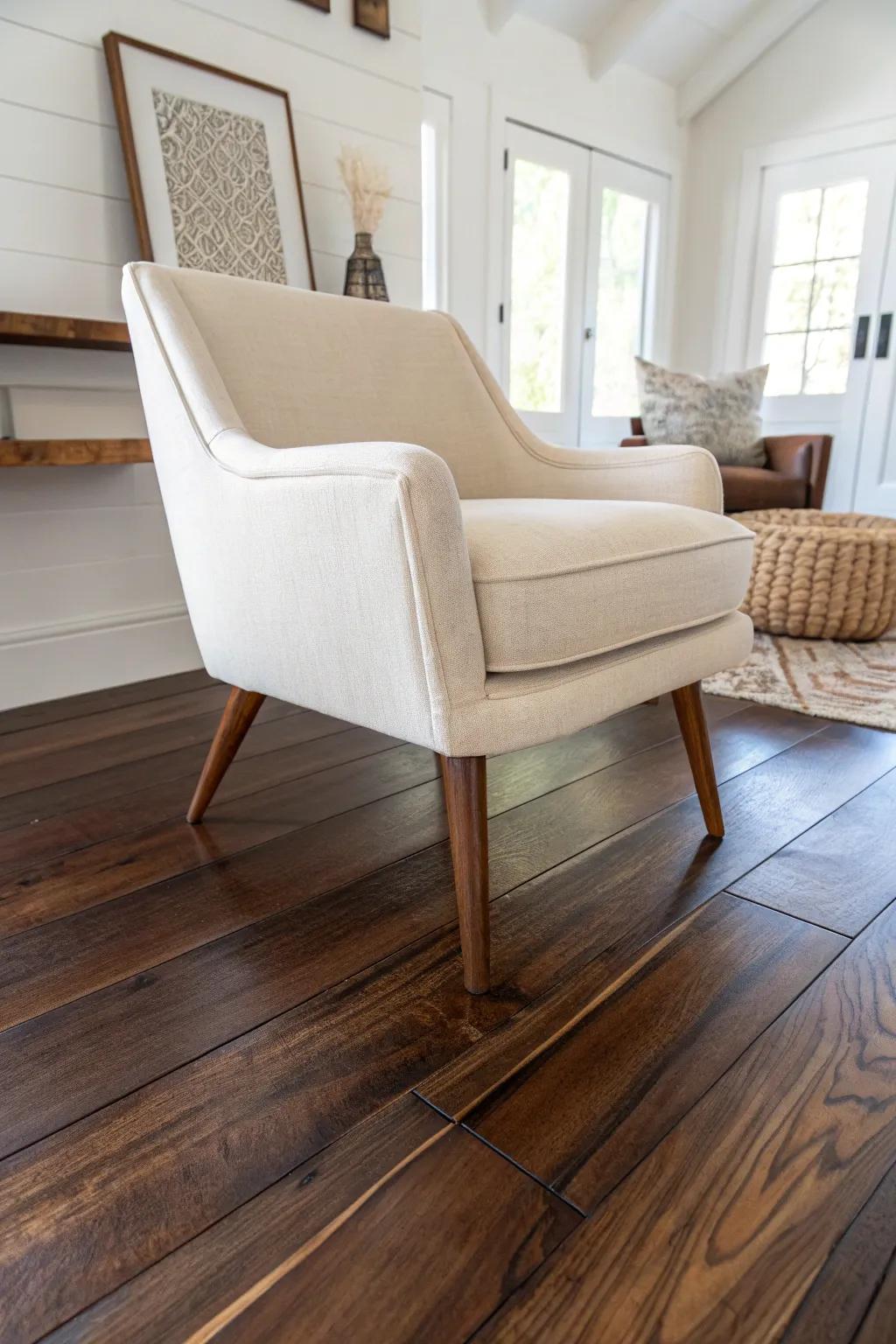 A creamy linen chair on deep walnut boards—instant contrast that makes the floor shine.