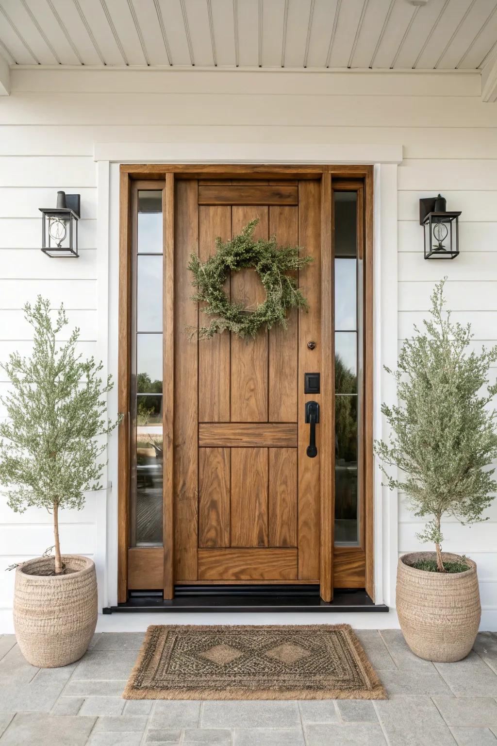 A warm wood front door moment: wreath, layered rugs, matching planters, and soft porch light.