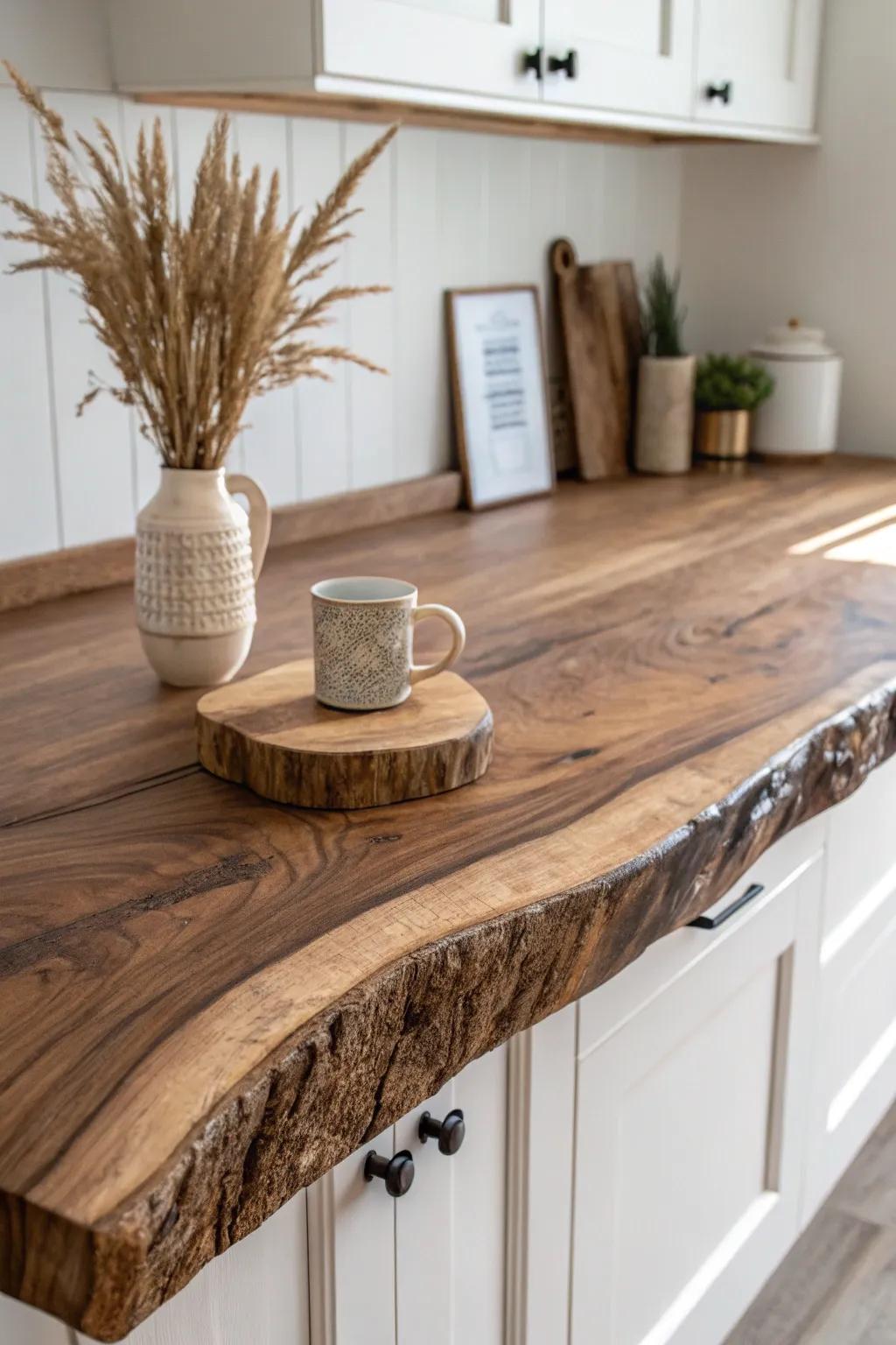 A live-edge wood countertop that turns simple kitchen moments into a warm statement piece.