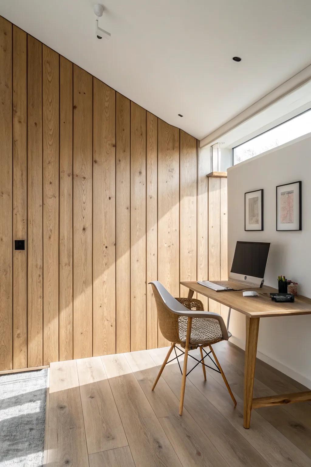 Mixed-width plank paneling adds subtle, high-end texture for a calm, collected wood-paneled office.